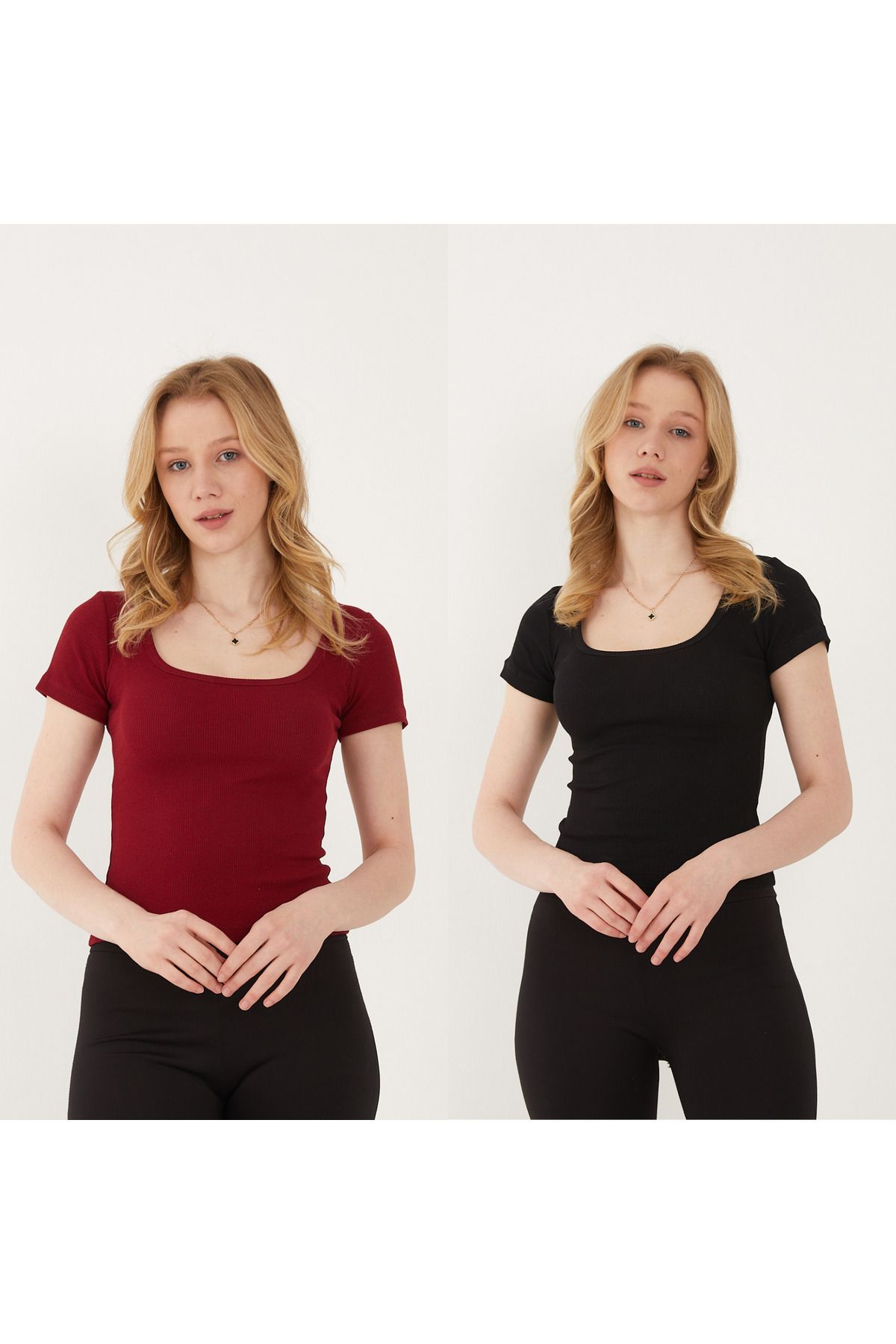 Wearflawless Kadın 2'li Adet Kısa Kollu Fitilli U Yaka Pamuklu Örme Kaşkorse T-Shirt Bluz Body