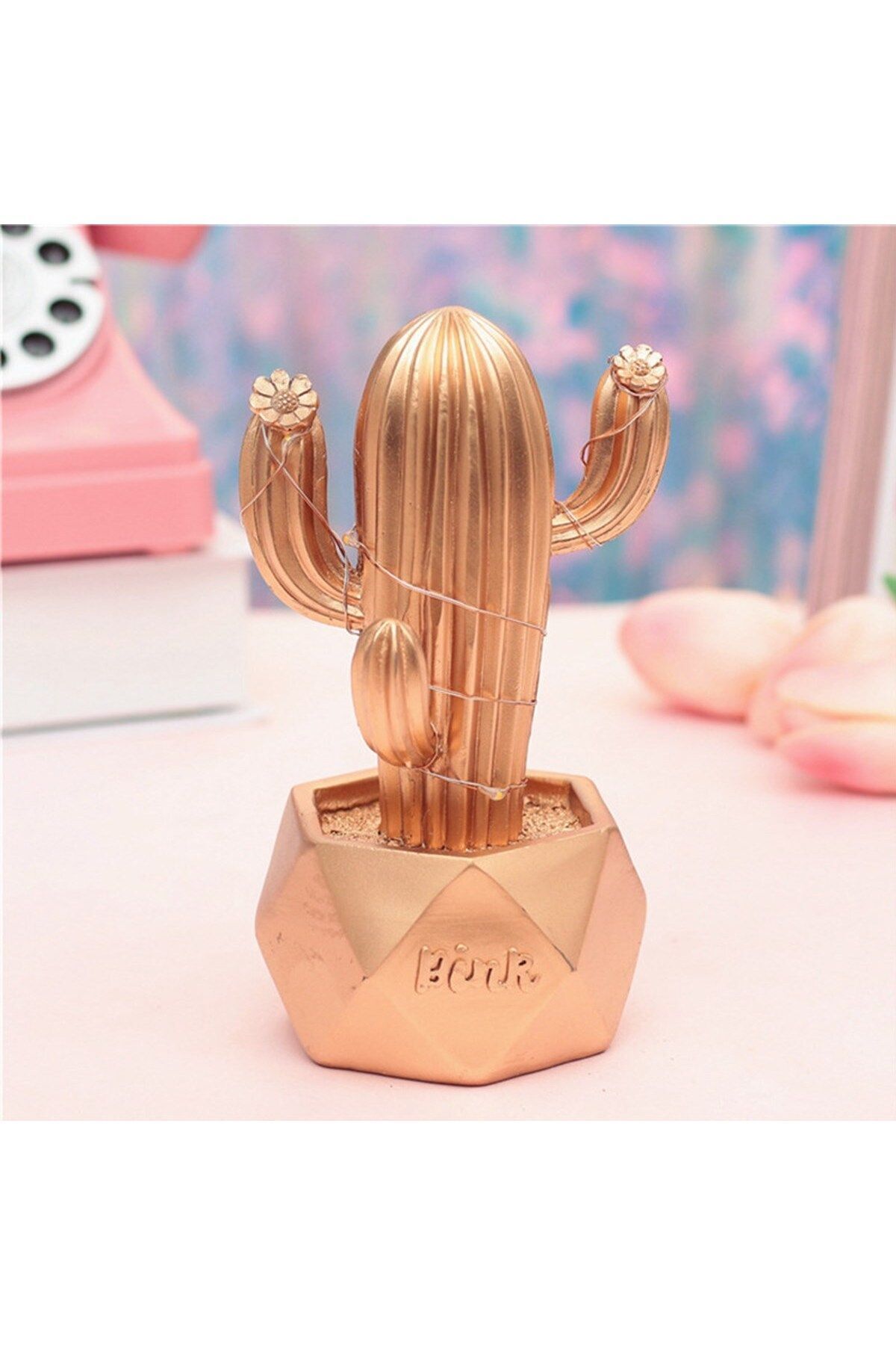 gizmurstore Led Işıklı Sevimli Kaktüs Dekoratif Masa Lambası Mini Biblo Gece Lambası-GOLD - GMS5256-1770