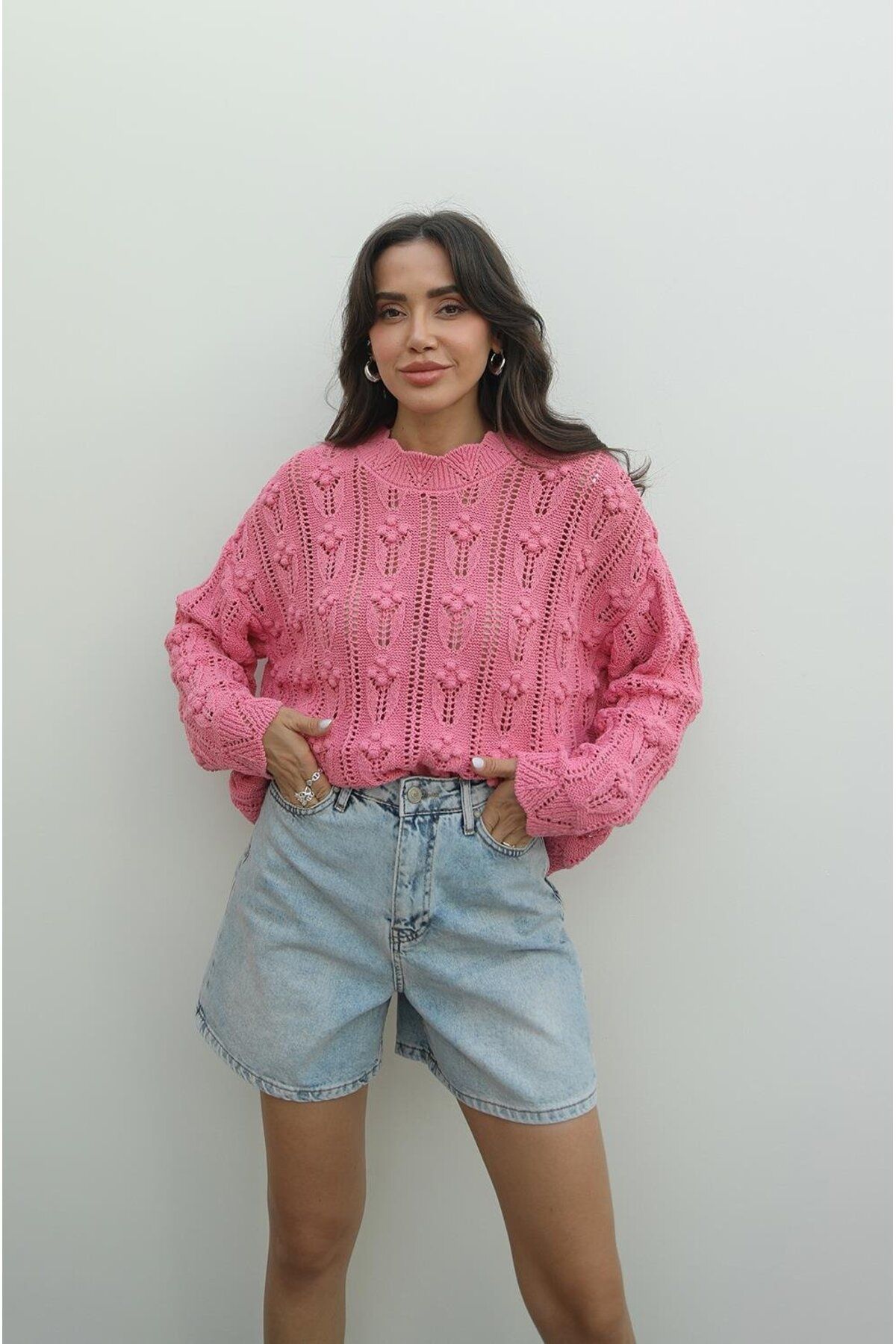 Havoş Pembe Ponpon Detaylı Ajurlu Triko