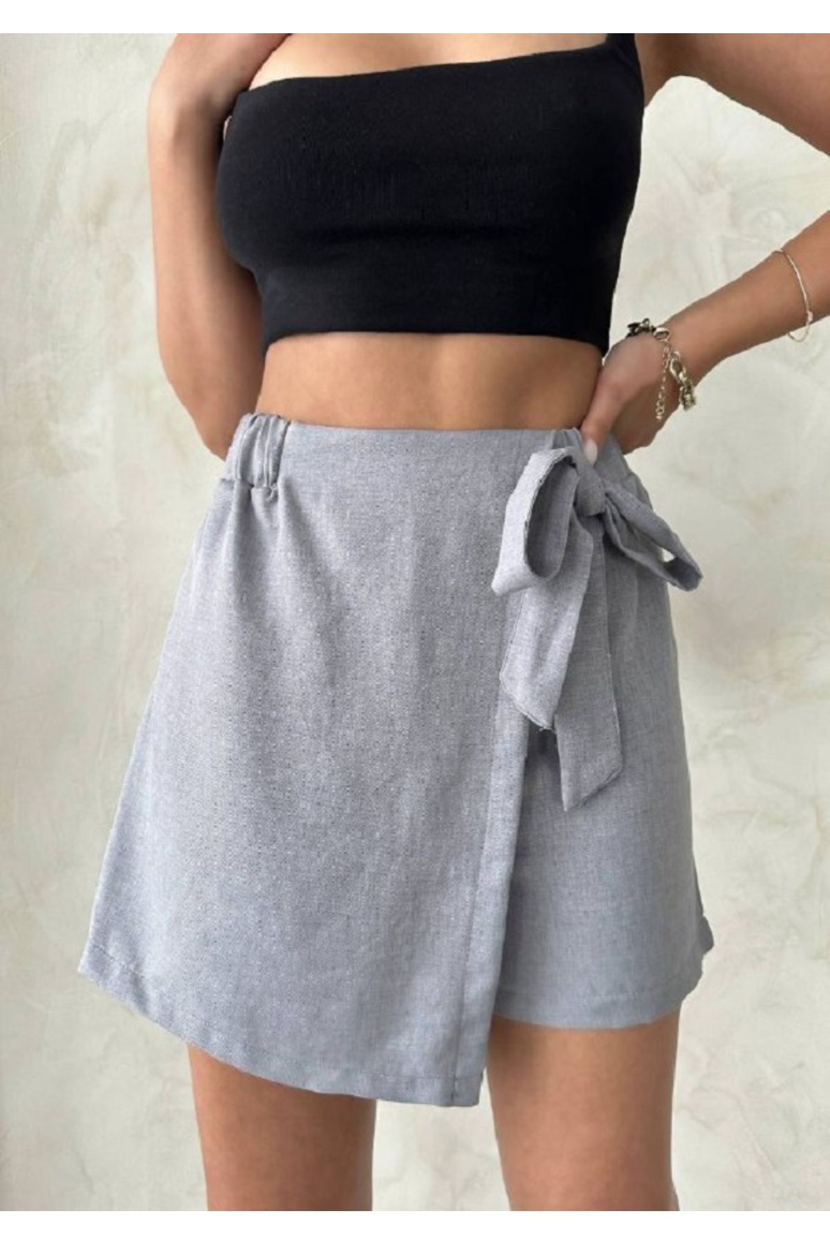 Bleu Petite Yüksek Bel Fiyonklu Şort Etek