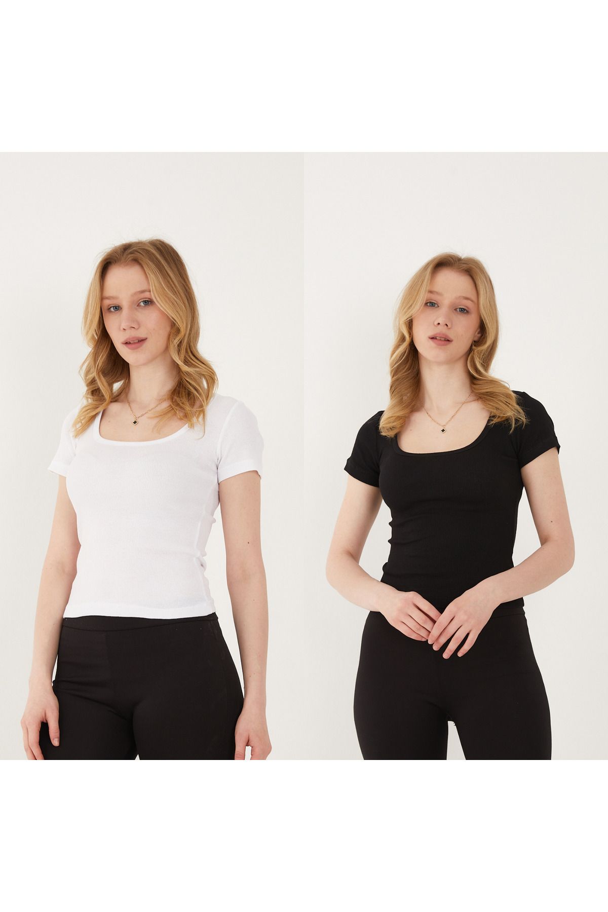 Wearflawless Kadın 2'li Adet Kısa Kollu Fitilli U Yaka Pamuklu Örme Kaşkorse T-Shirt Bluz Body
