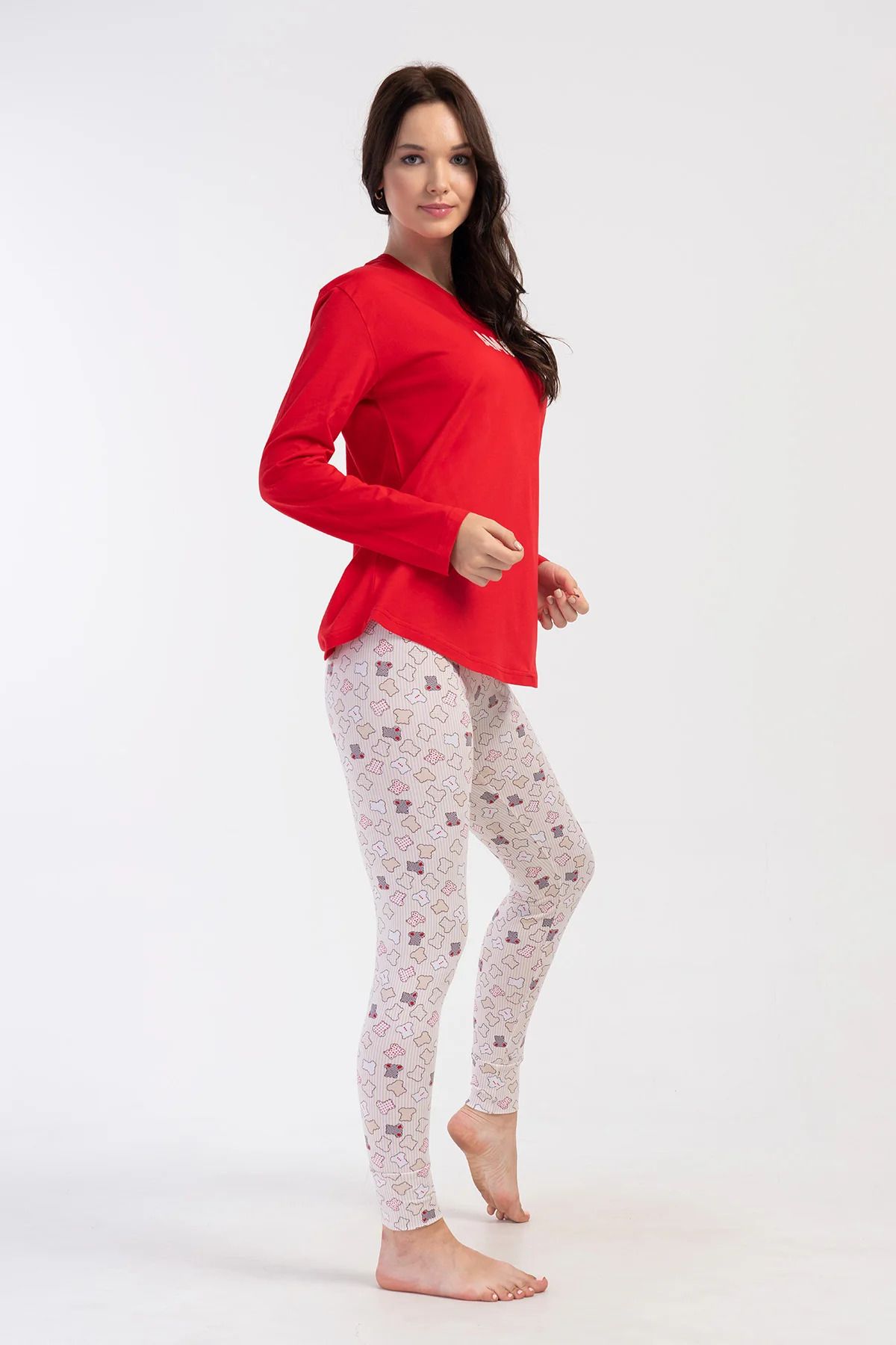 LOUNRE Likralı Süprem O Yaka Uzun Kollu Eteği Oval Manşetli Taytlı Pijama Takımı