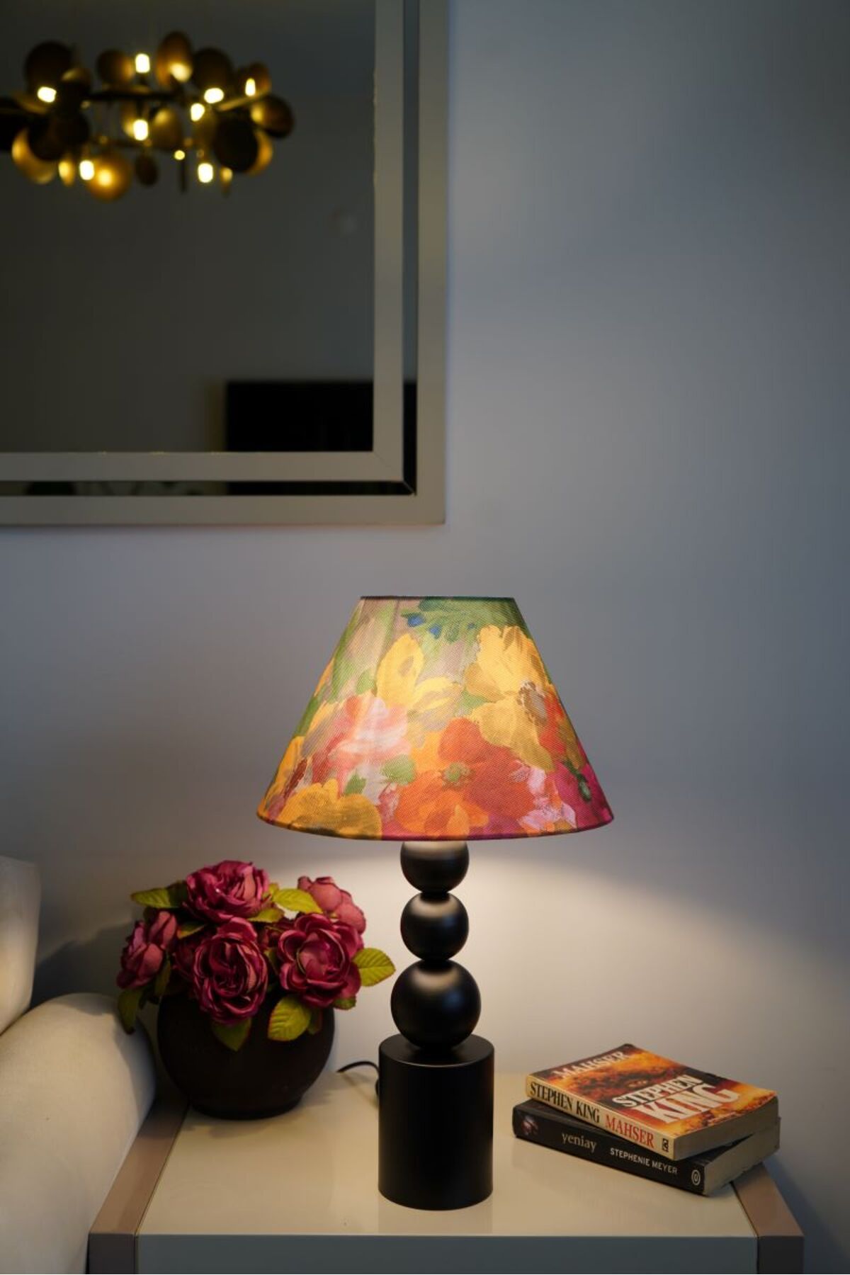 retro home design Özel Siyah Ayaklı Baskı Kumaş Konik Çiçek Desenli Dekoratif Abajur Yatak Odası Salon