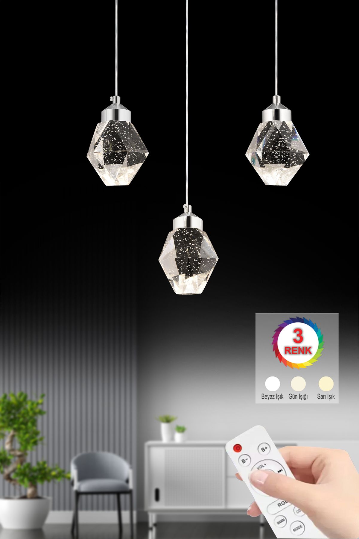 İstanbul Avize İstanbul Avize Kabarcıklı Liya 3'lü Gümüş Kumandalı 3 Renk Ledli Modern Led Avize