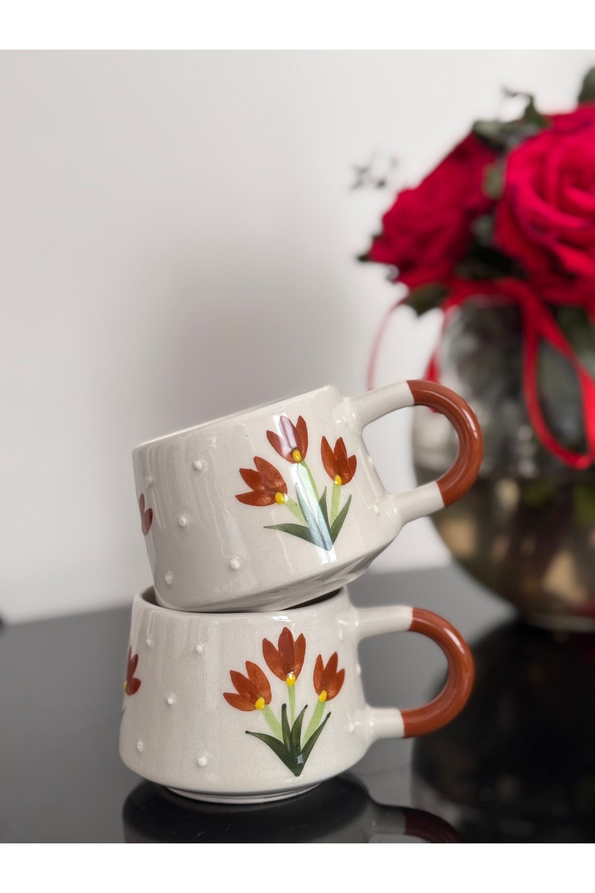 ema Seramik 2’Li Kahve Fincanı Kupa Mug Bardak çiçek Desenli 200 ml