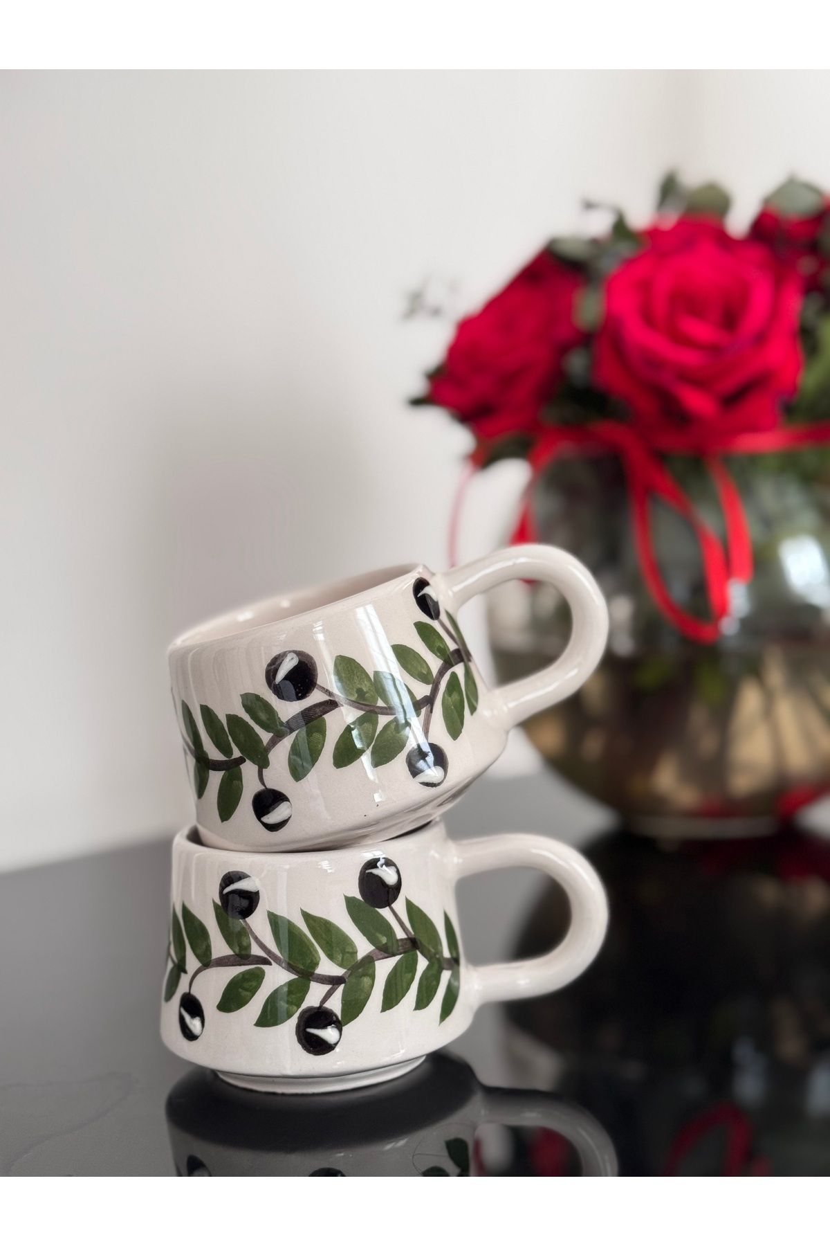 ema Seramik 2’Li Kahve Fincanı Kupa Mug Bardak Zeytin Desenli 200 ml