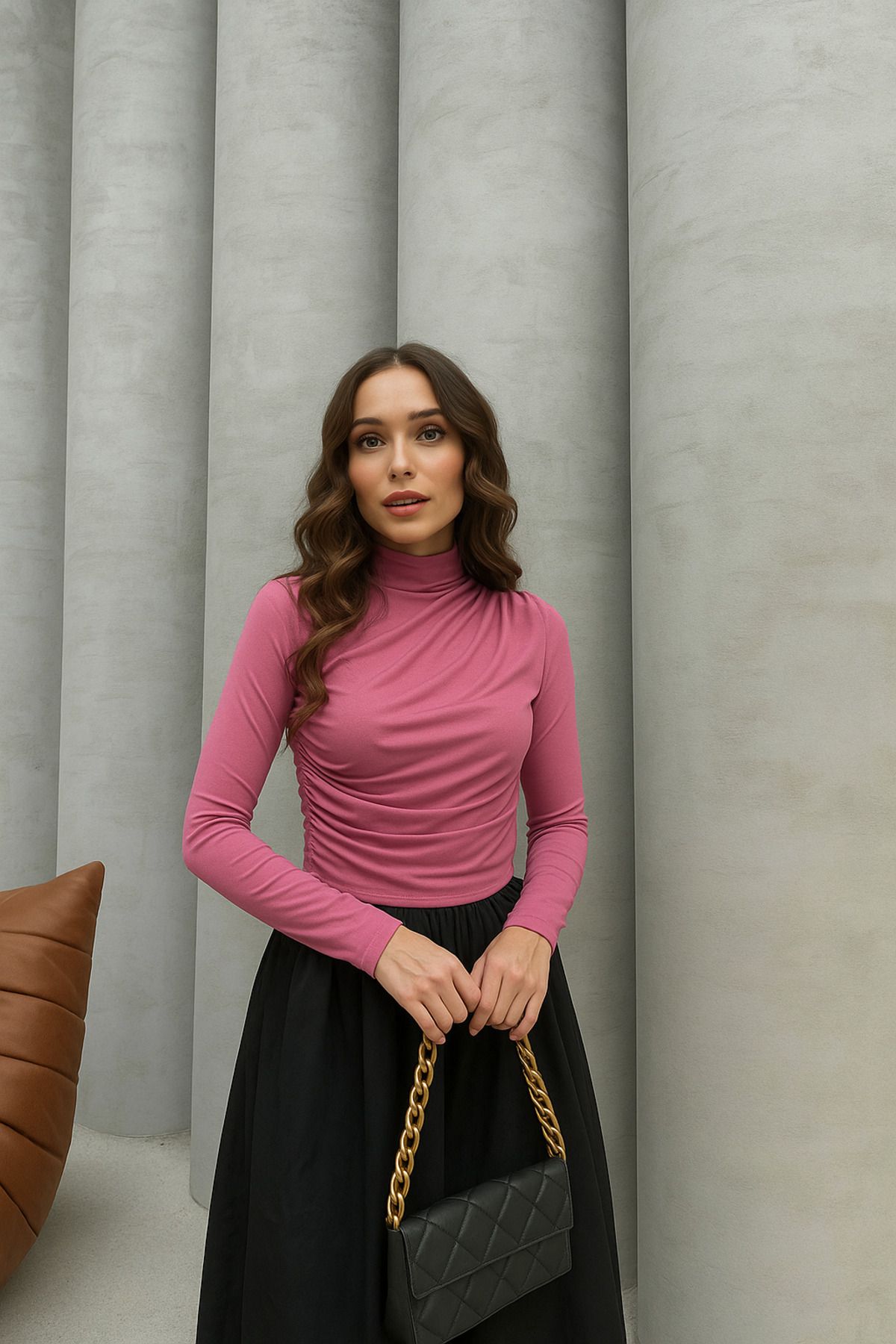 RESSHO Pembe Uzun Kollu Büzgülü Bluz