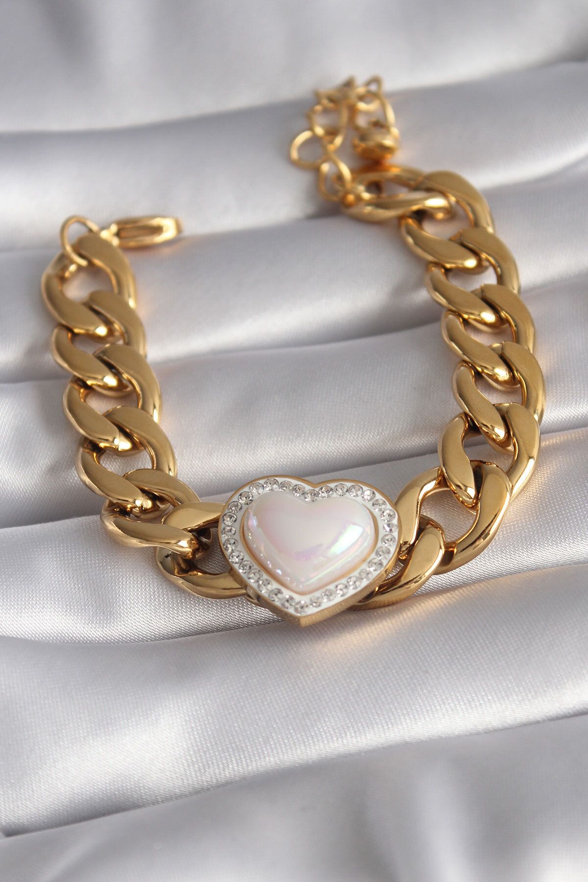 HobiDünyasıElif 316L Çelik Gold Renk Pembe 3D Kalp Model Zirkon Taşlı Kadın Bileklik - Lisinya