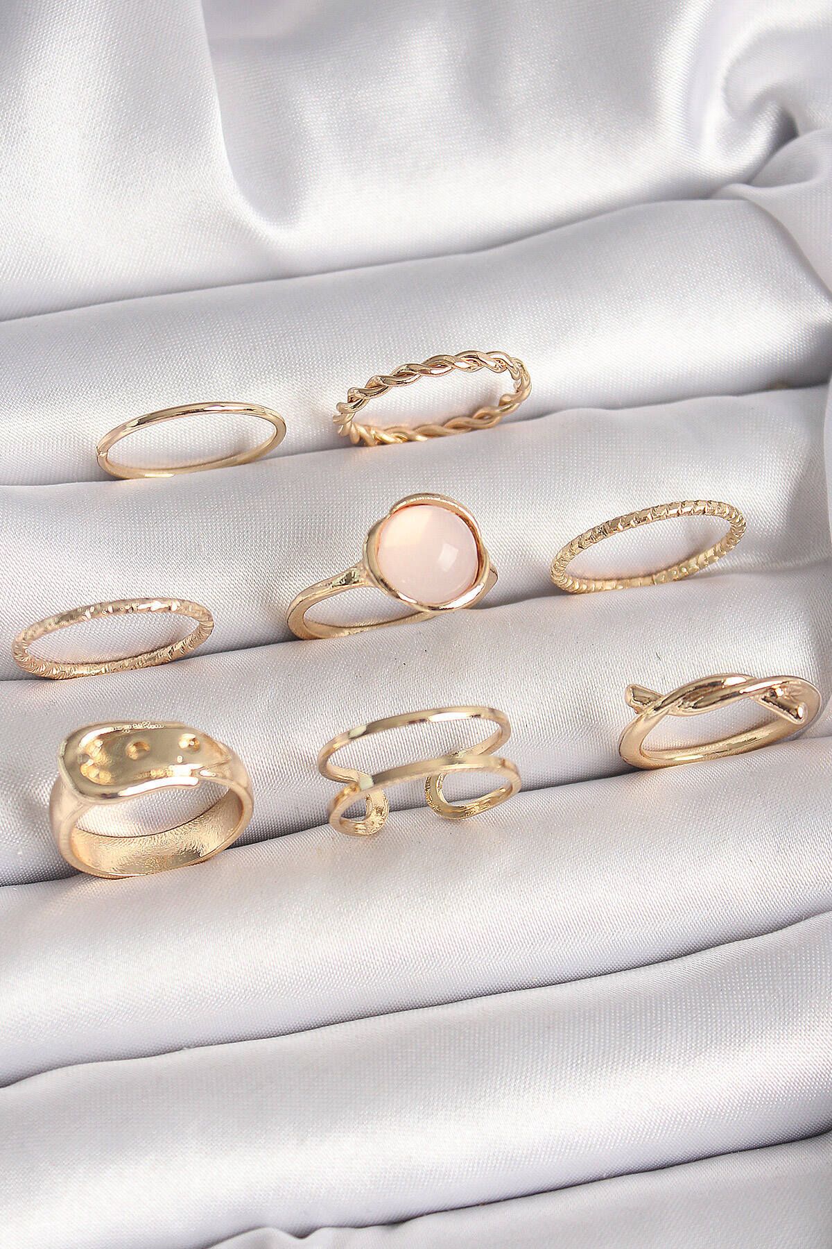 HobiDünyasıElif Pirinç Gold Renk Pembe Mineli Kemer Model Kadın Yüzük Kombini - Lisinya