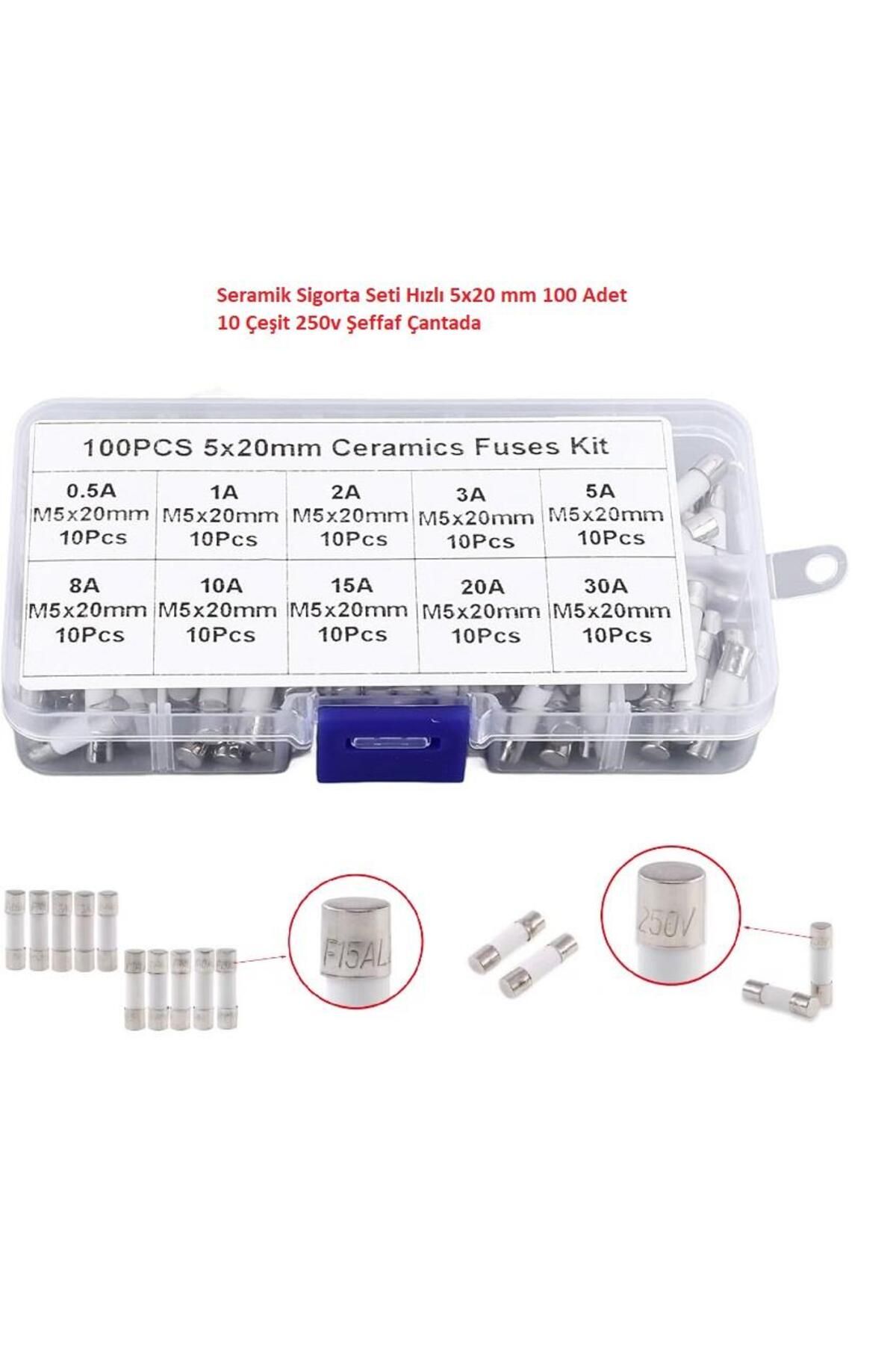 Hatfon Elektronik Seramik Sigorta Seti Hızlı 5x20 mm 100 Adet 10 Çeşit 250v Şeffaf Çantada