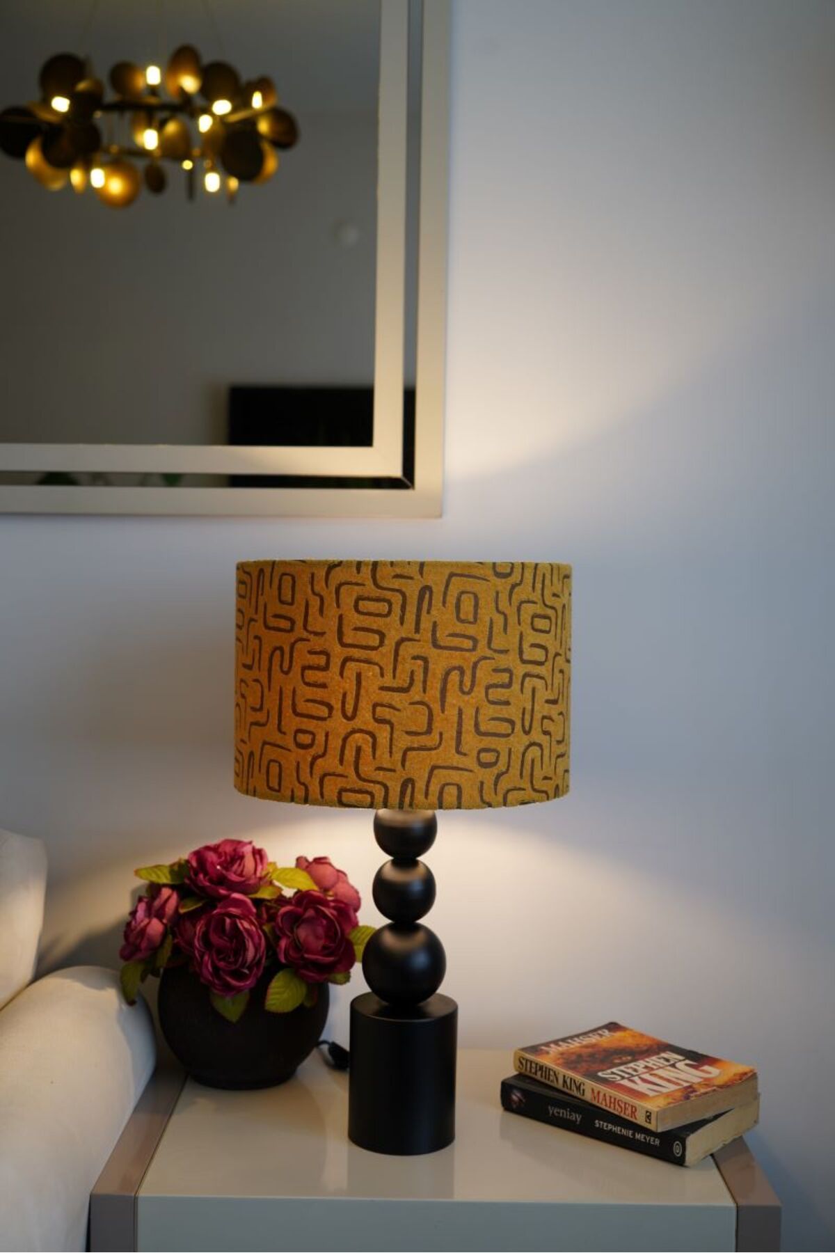 retro home design Özel Siyah Ayaklı Kadife Kumaş Silindir Labirent Desenli Dekoratif Abajur Yatak Odası Salon