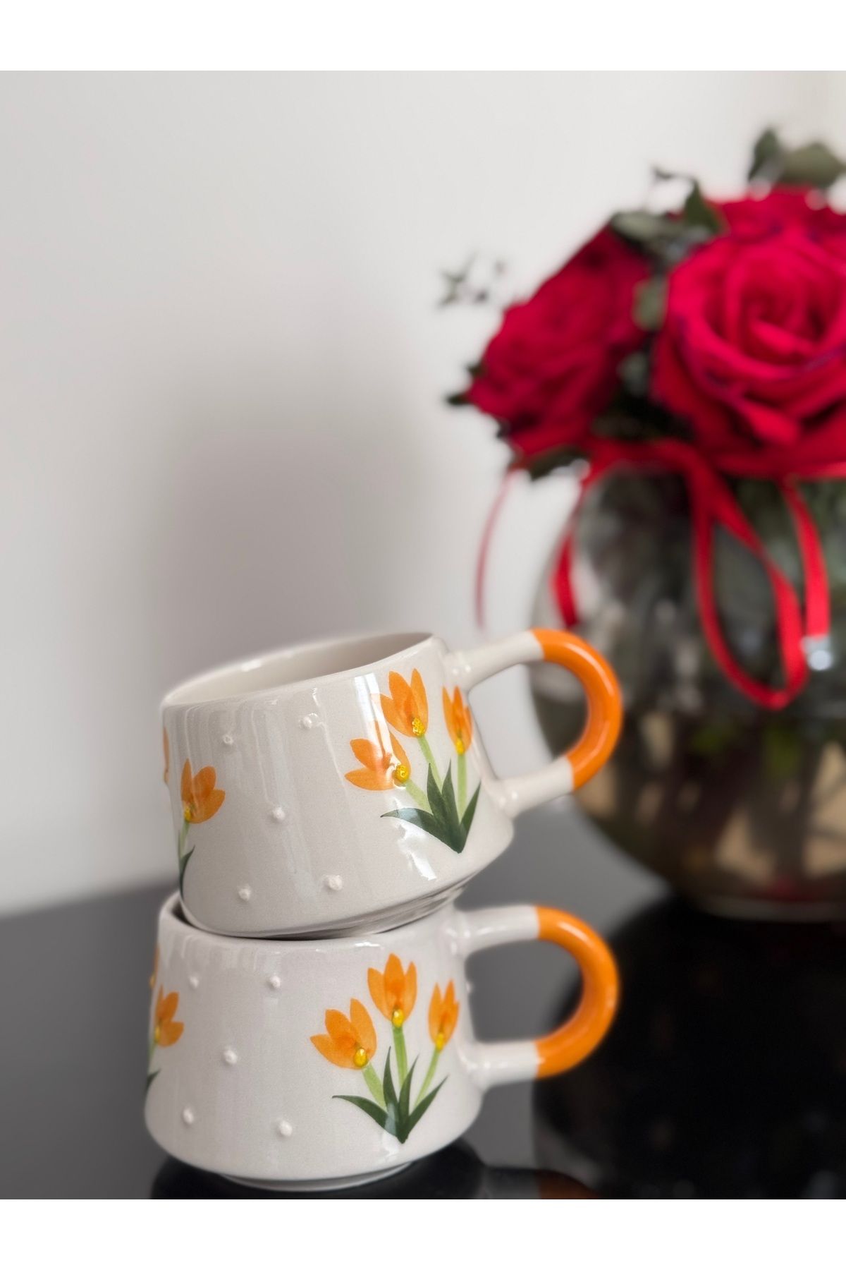 ema Seramik 2’Li Kahve Fincanı Kupa Mug Bardak çiçek Desenli 200 ml