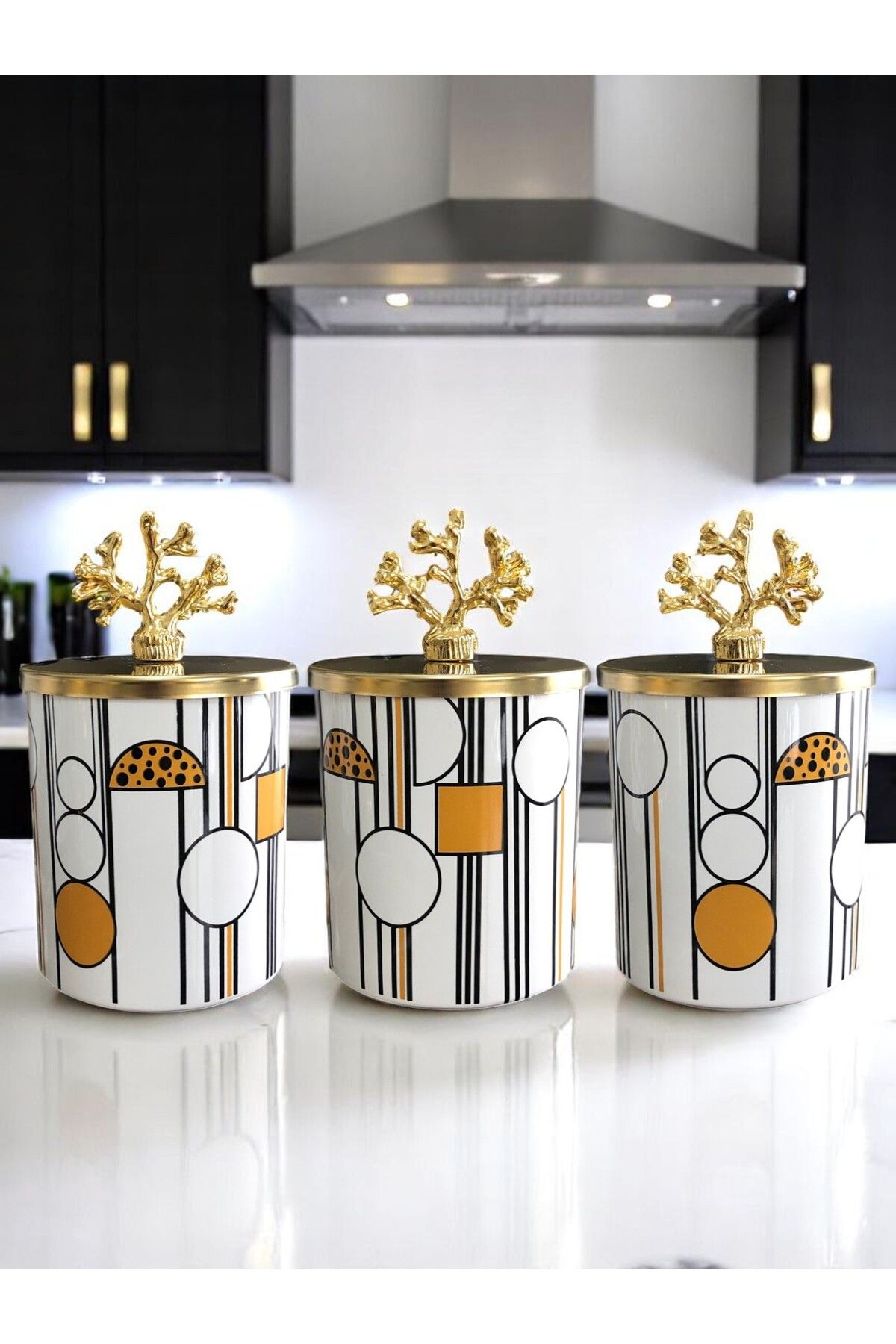 ferayhome Baharatlık 3 lü Mutfak Aksesuarı Kahve Köşesi Seti Silindir Geometrik Siyah 750 ml Hacimli Gold