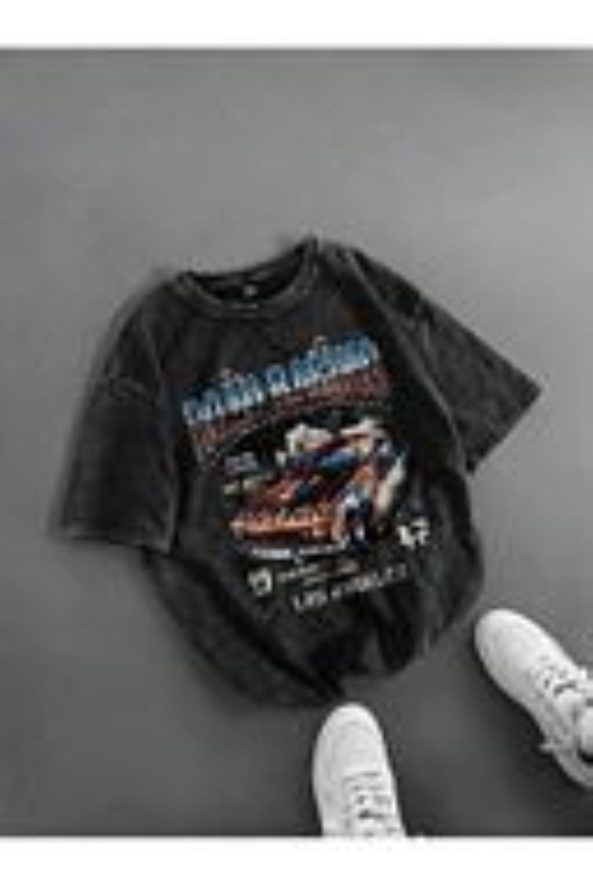 aynewmoda Unisex Siyah Organik Pamuklu Araba Baskılı Tişört