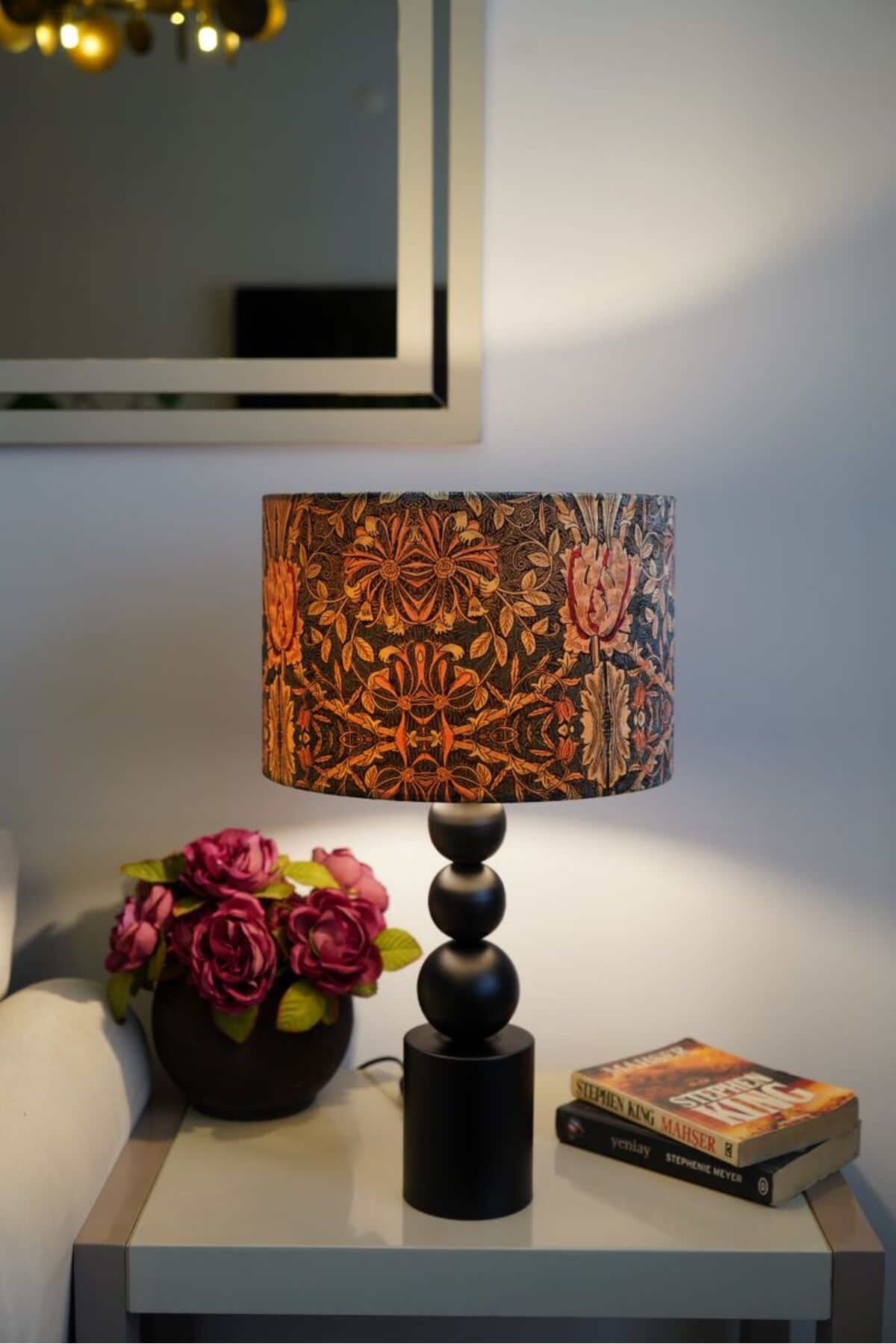 retro home design Özel Siyah Ayaklı Kadife Kumaş Silindir Desenli Dekoratif Abajur Yatak Odası Salon