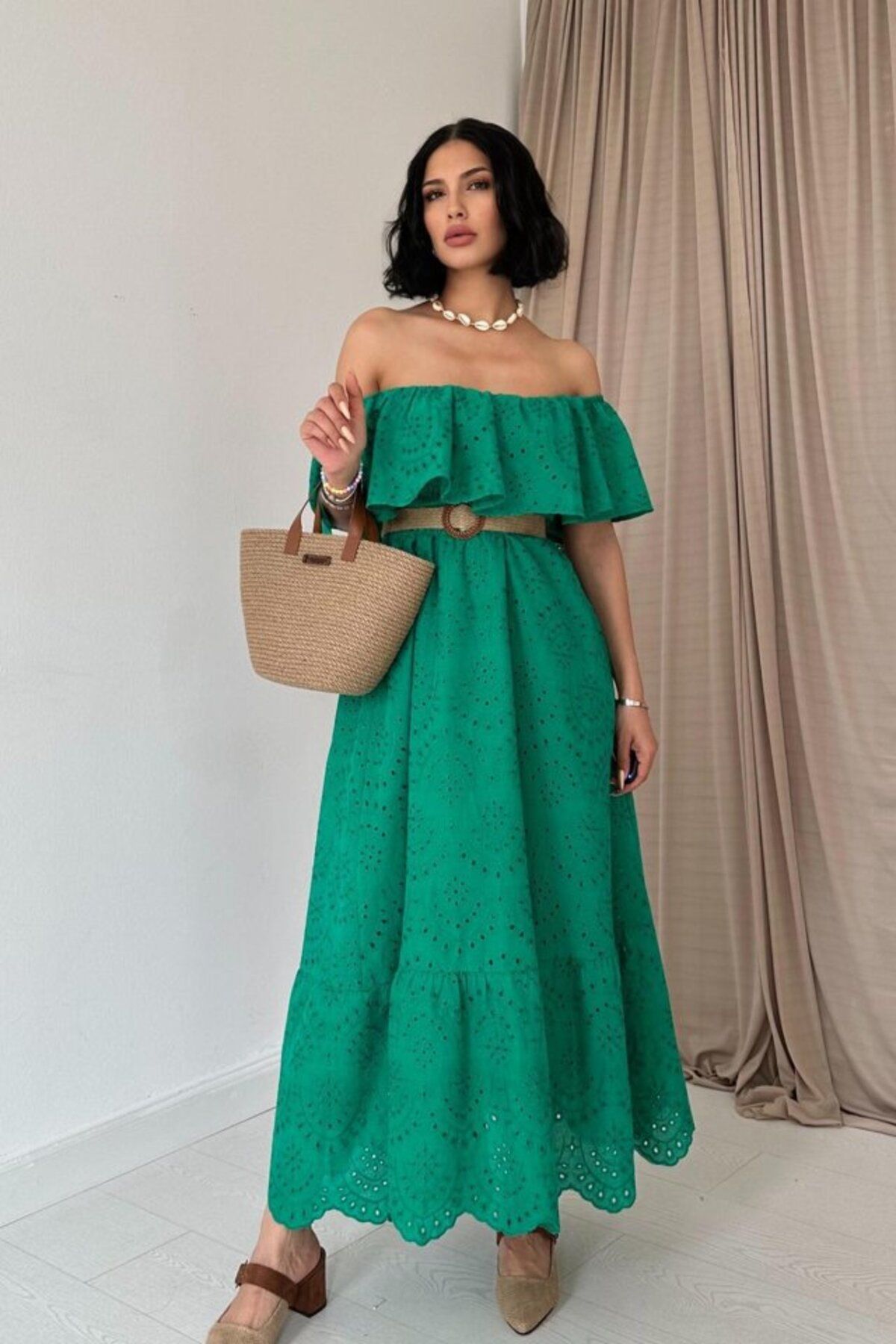 velmorafashion Yeşil Omzu Lastikli Brode Elbise