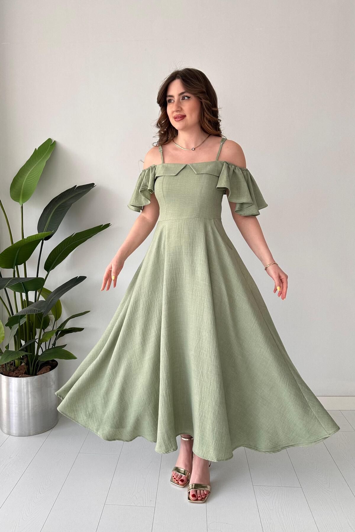 MaziButik Askılı Volanlı Elbise Mint