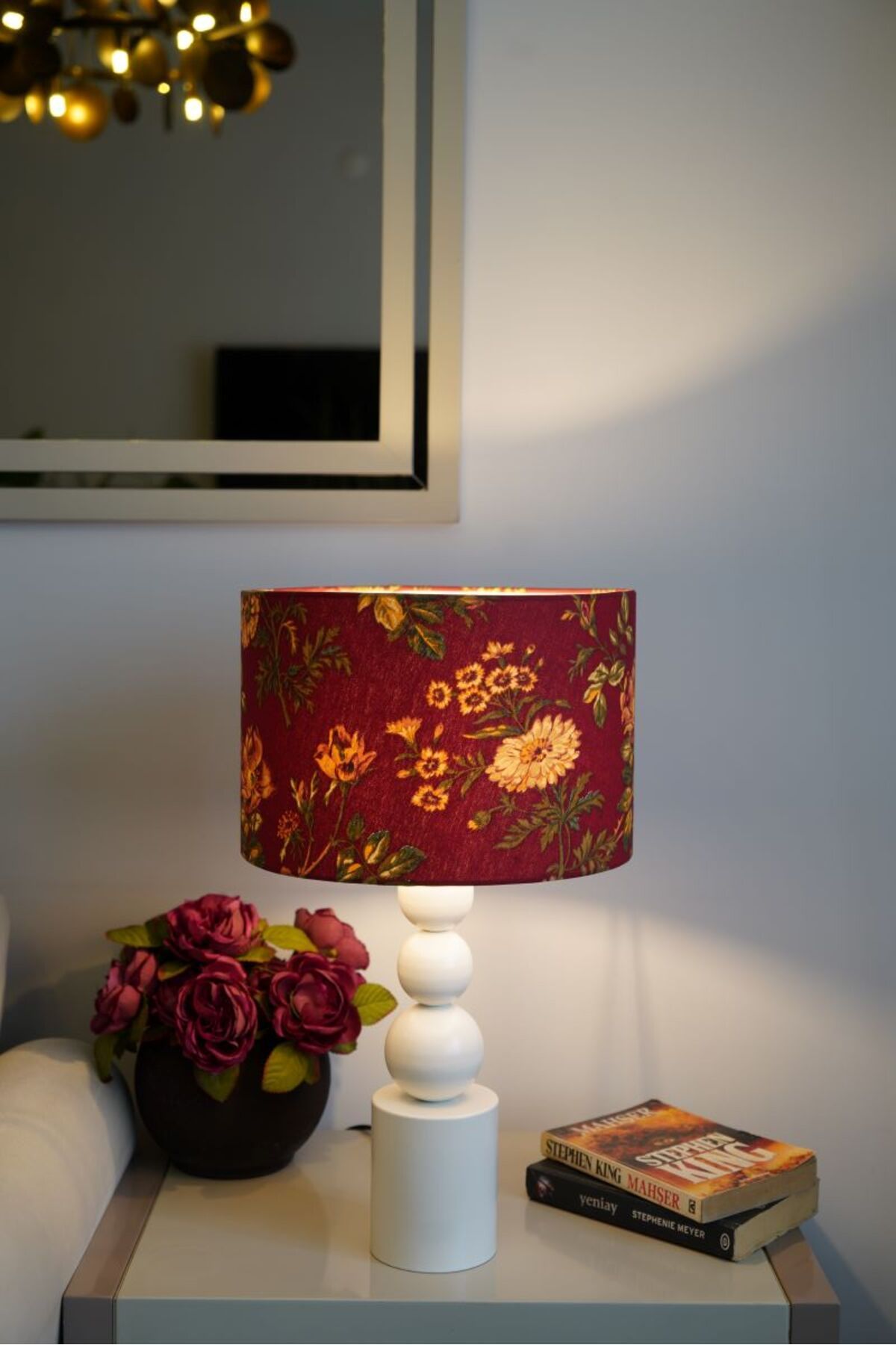 retro home design Özel Krem Ayaklı Kırmızı Çiçekli Baskı Kumaş Silindir Dekoratif Abajur Yatak Odası Salon