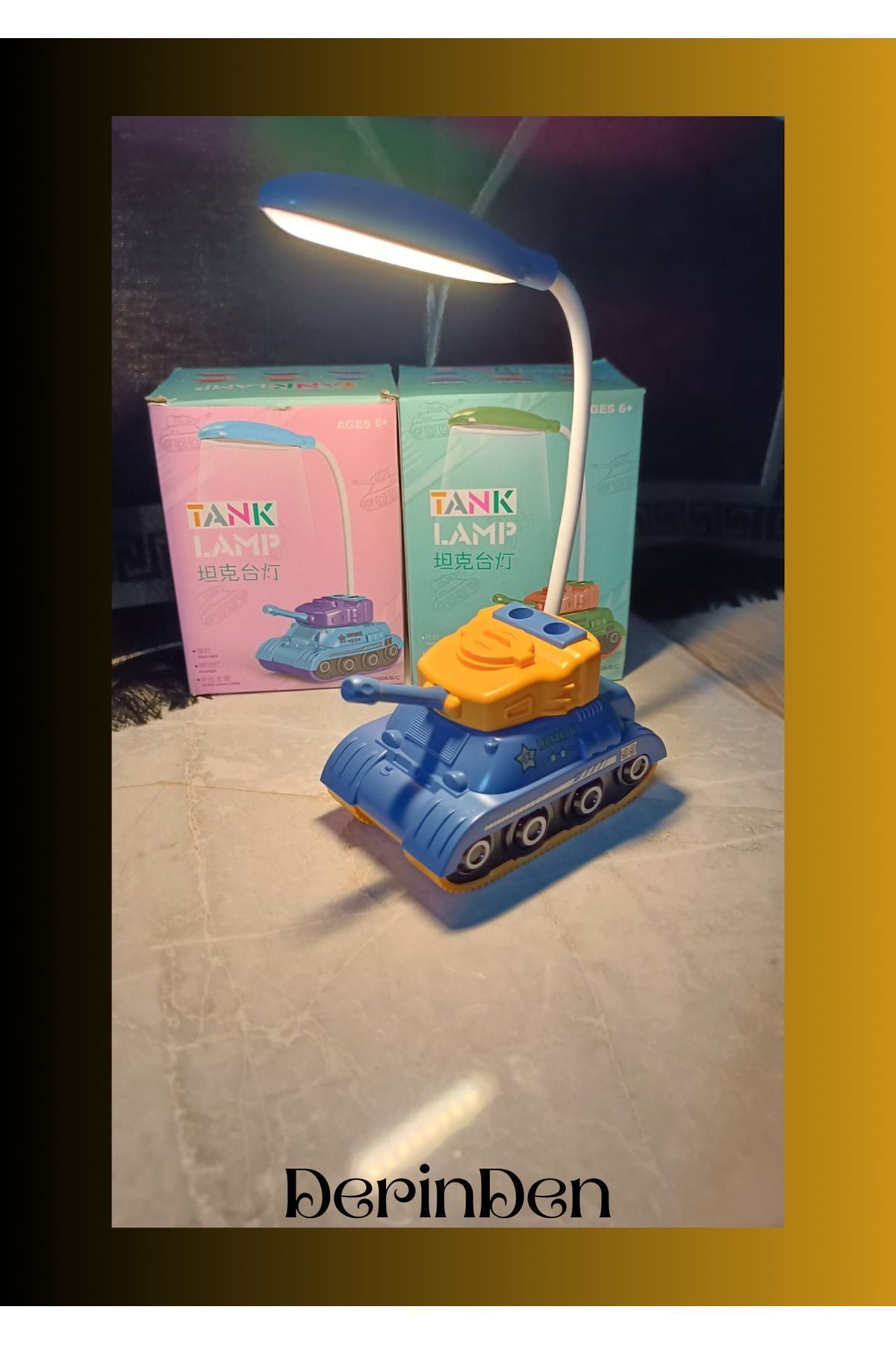 DERİND Masa Lambası Tank Görünümlü - Şarjlı - Renkli Gece Modu - Kalemik ve Telefon Tutucu özeliikli