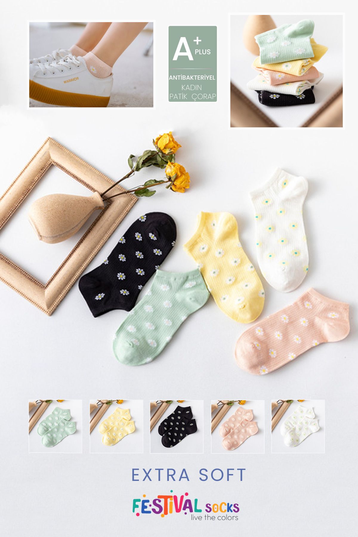 Festival Socks 5 Çift Yazlık Papatyalar Desenli Kadın Çorap