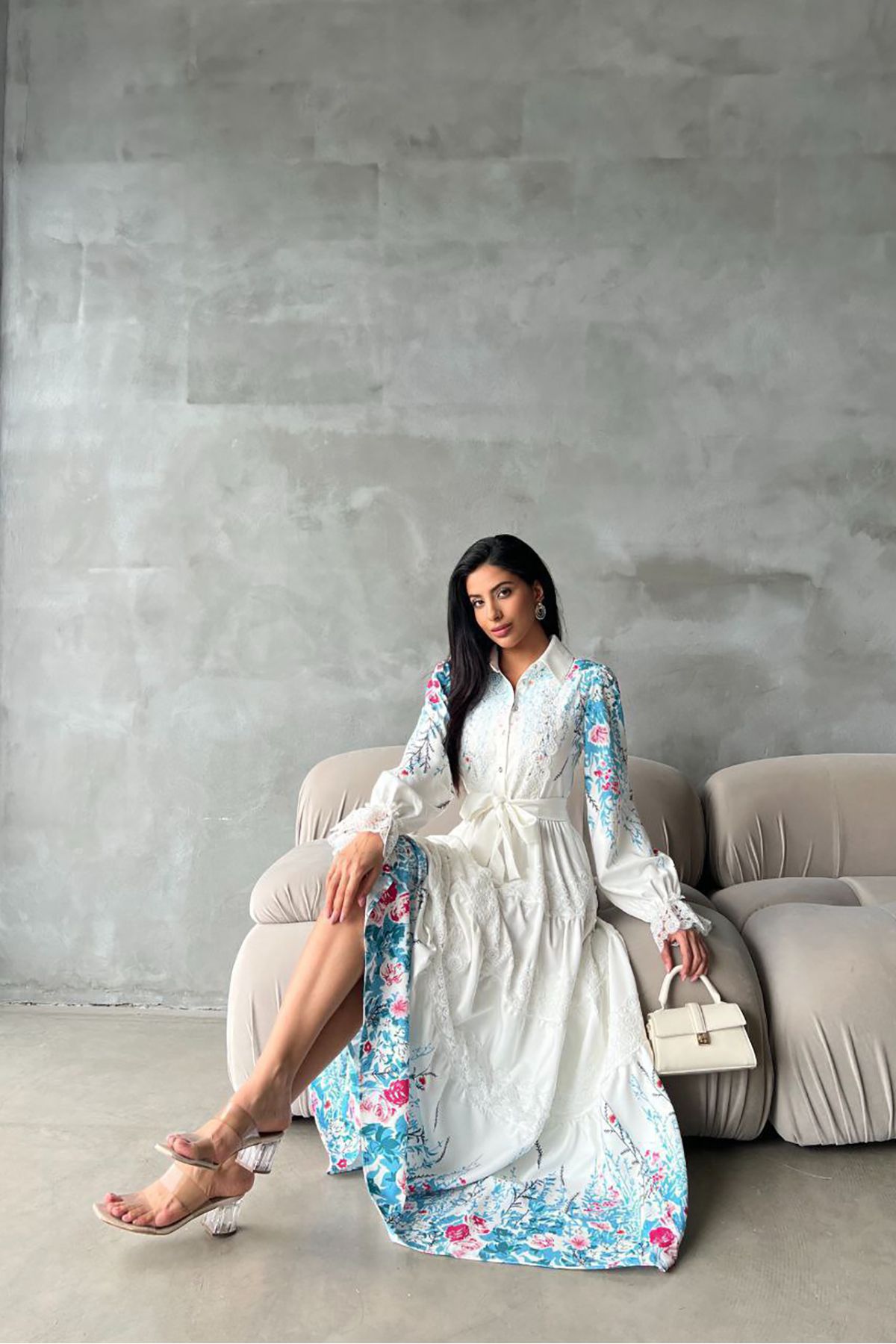 XXL BUTİK XXL Butik kadın kuşaklı gömlek yaka maxi boy elbise X-NBMS4251
