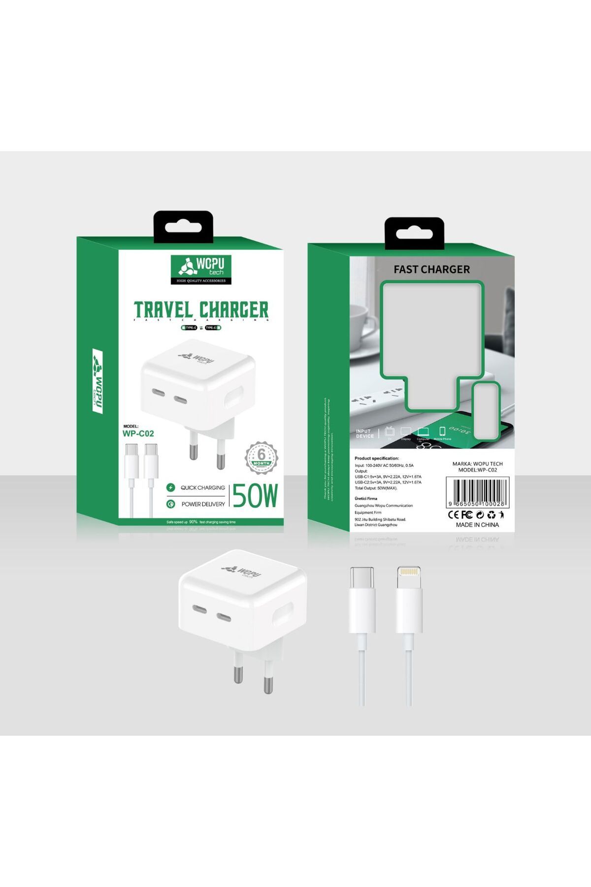 WOPUTECH Çift Girişli lightning Priz Başlık + 2 Adet Şarj Kablo Seti İphone ile uyumludur