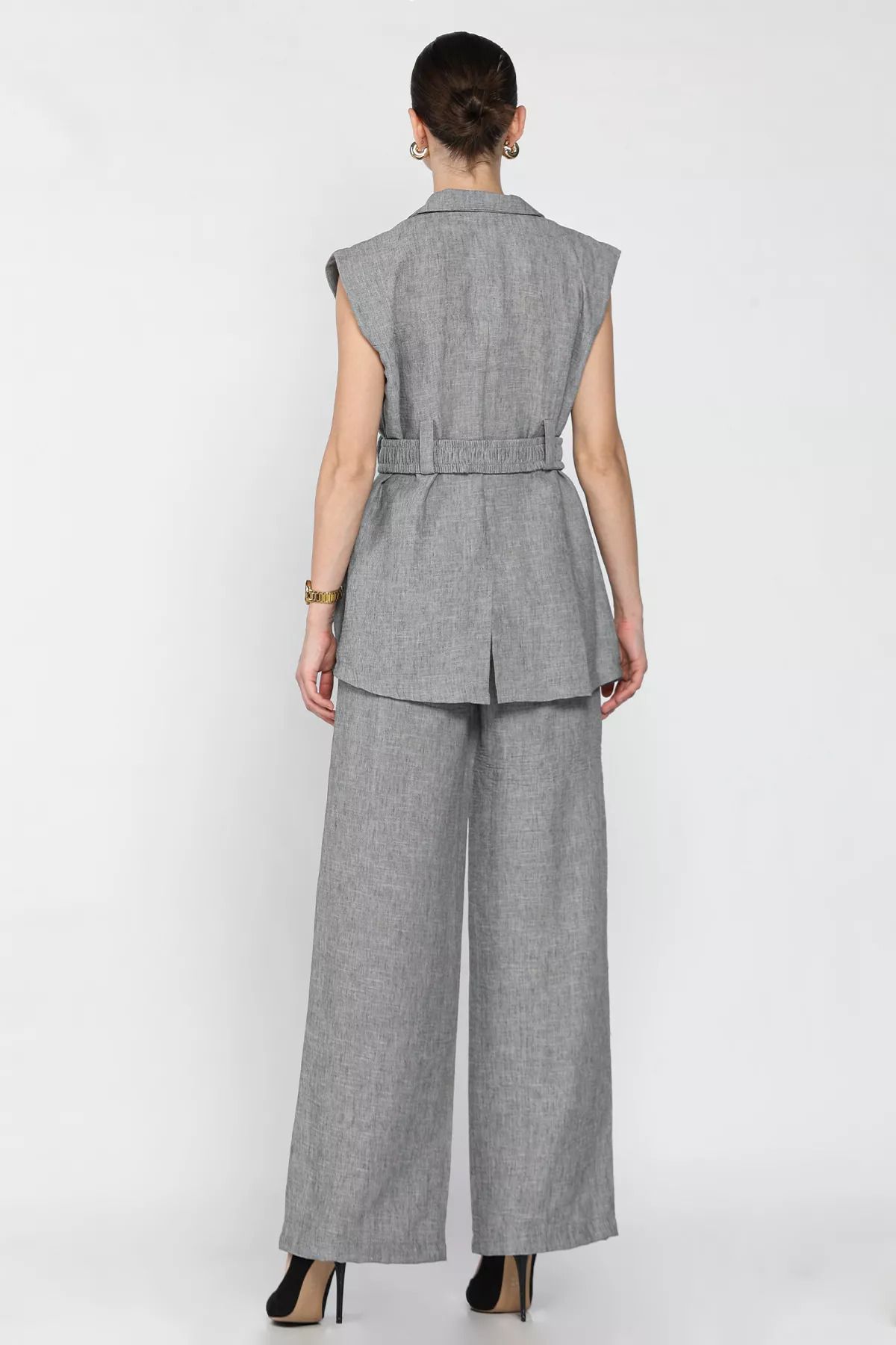 GÜLSELİ-Dark Gray Women's Waist Belted Vest Trousers Double Set 3