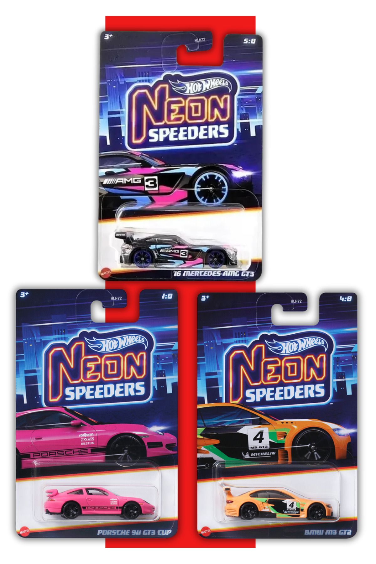 HOT WHEELS Neon Speeders Koleksiyon Seti, Mercedes-AMG GT3, Porsche 911 GT3 Cup, BMW M3 GT2