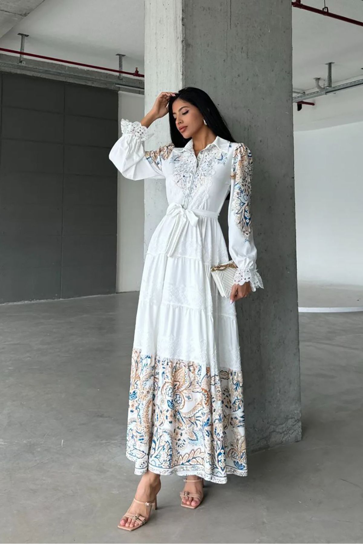 XXL BUTİK XXL Butik kadın kuşaklı gömlek yaka maxi boy elbise X-NBMS4251