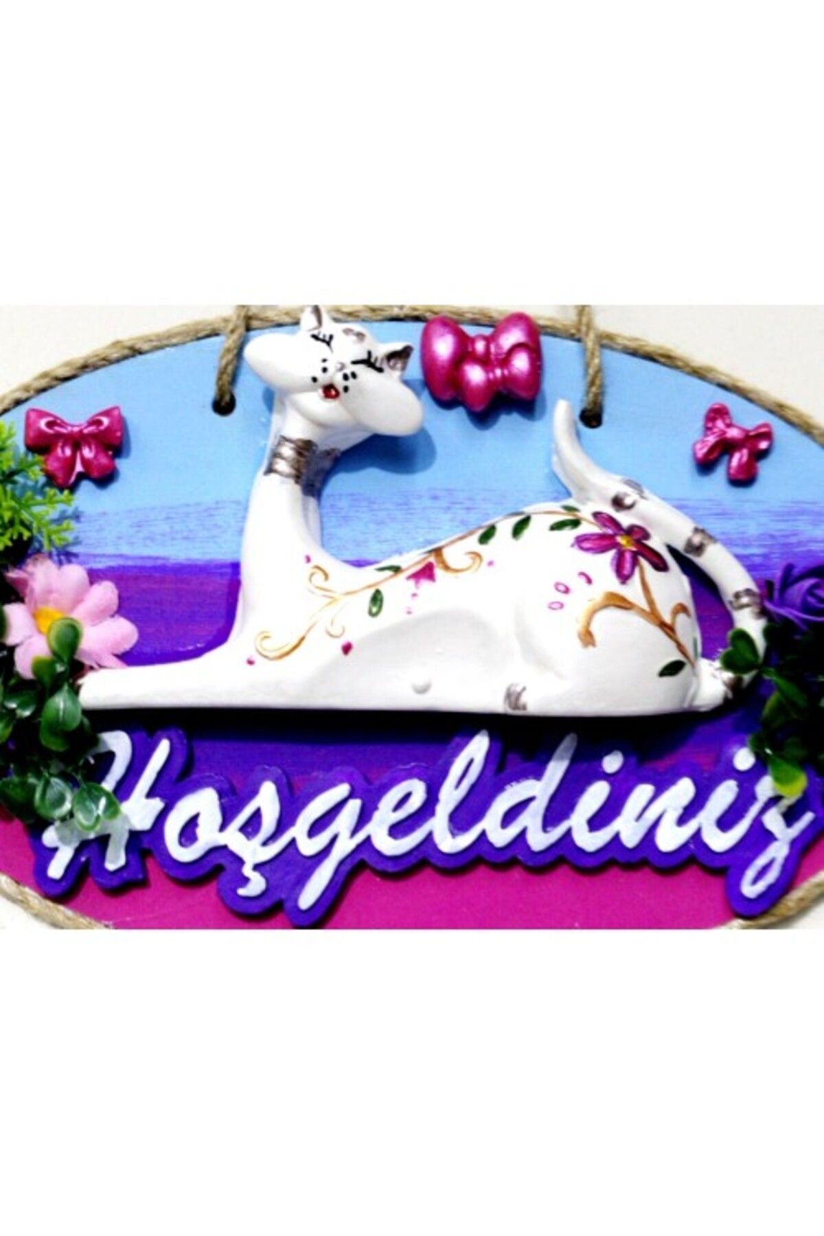 Shop58 Kedi Figürlü Hoşgeldiniz Yazılı El Boyaması Renkli Kapı Süsü