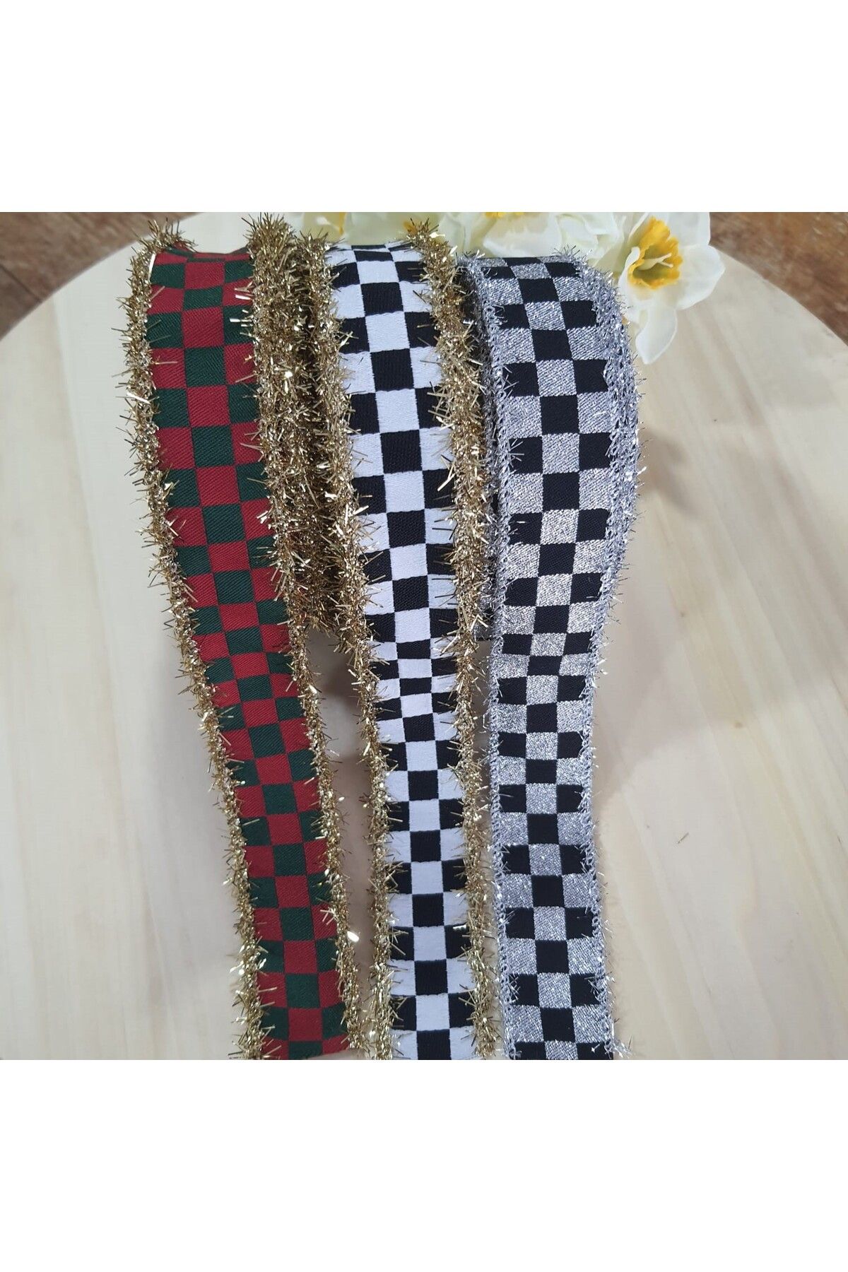 lolipophobi Simli Damalı Kurdele(3 Cm X 1 Mt), Kurdele, Yılbaşı, Damalı, Kapı Süsü