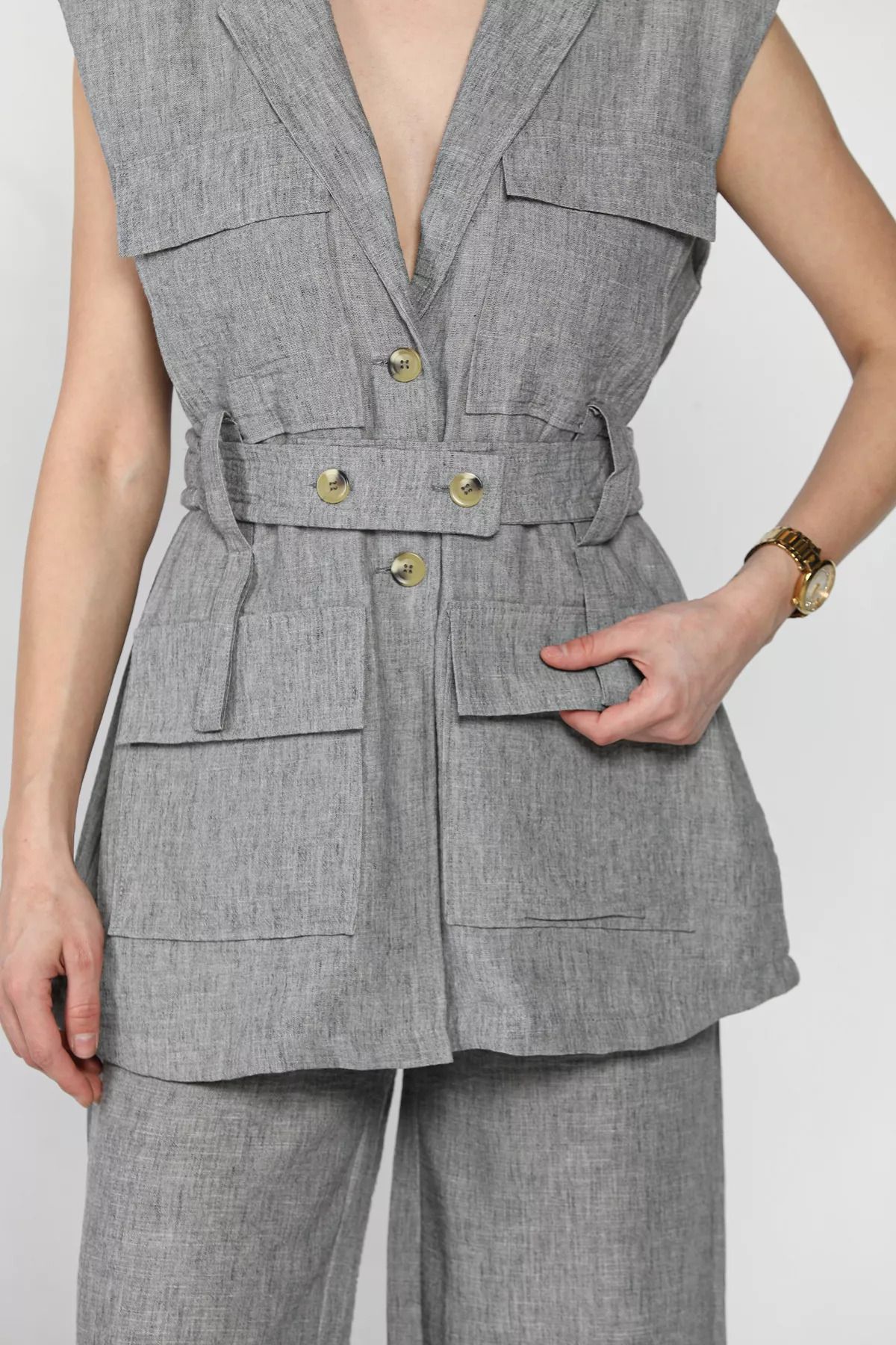 GÜLSELİ-Dark Gray Women's Waist Belted Vest Trousers Double Set 4