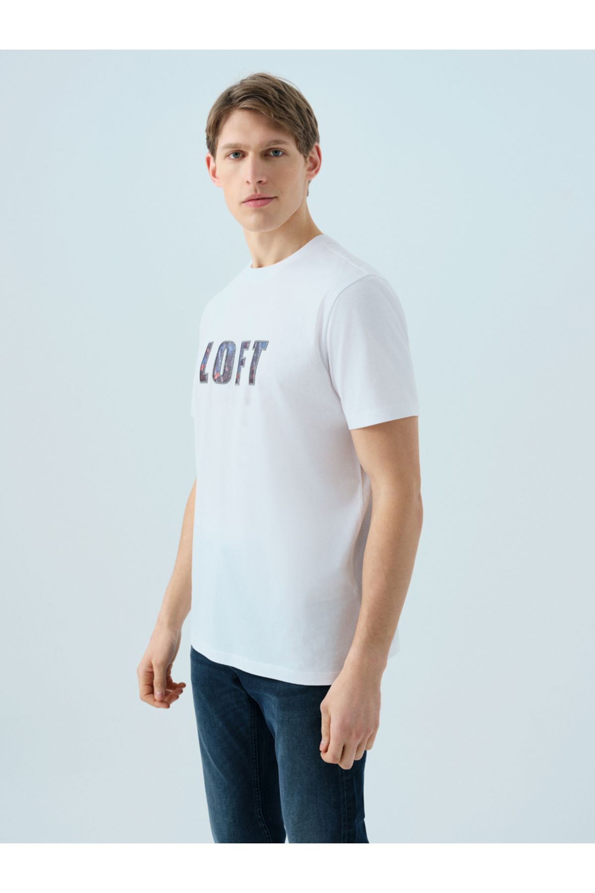 Loft LF2039006 Beyaz Erkek Loft Baskılı Bisiklet Yaka T-shirt