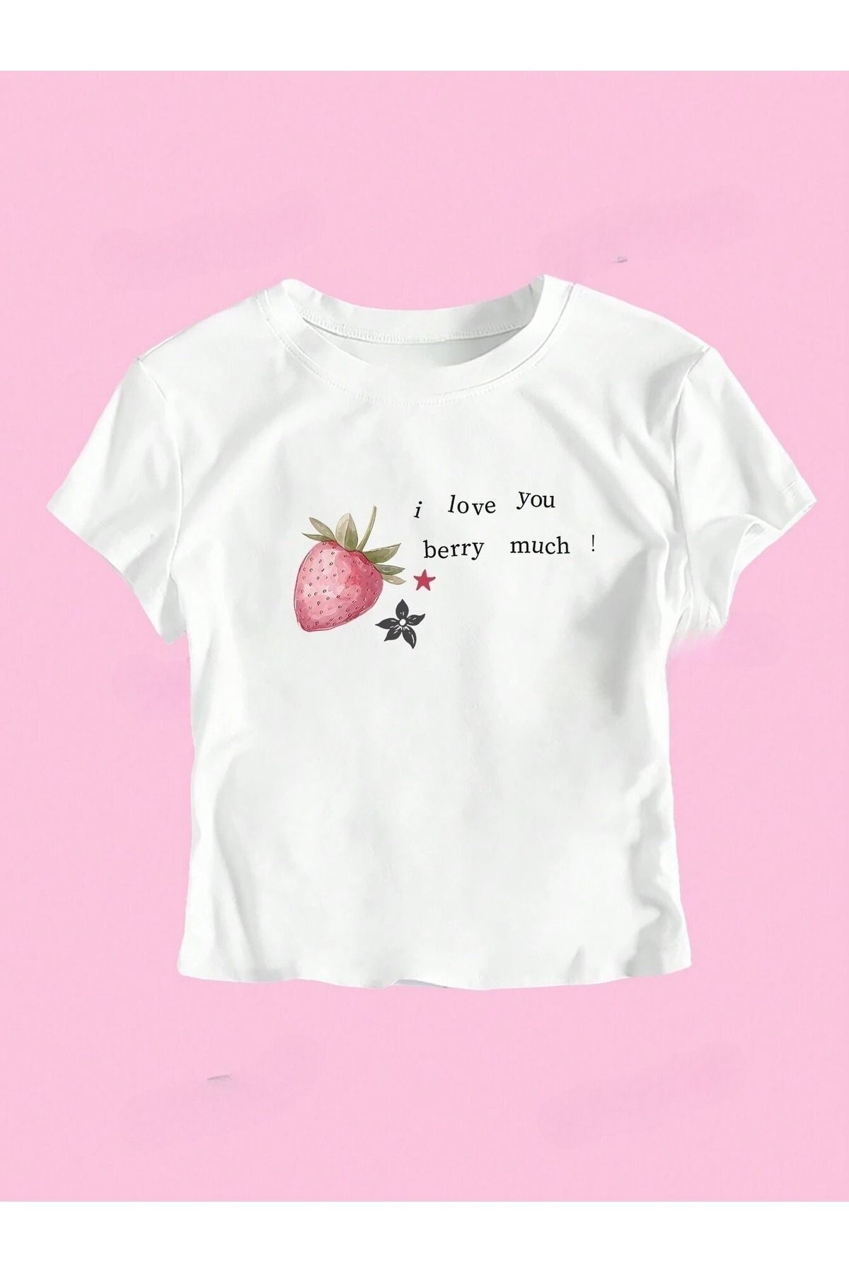JANSO GROUP Kadın Beyaz Y2K I Love Berry Baskılı Bayb Tee Crop