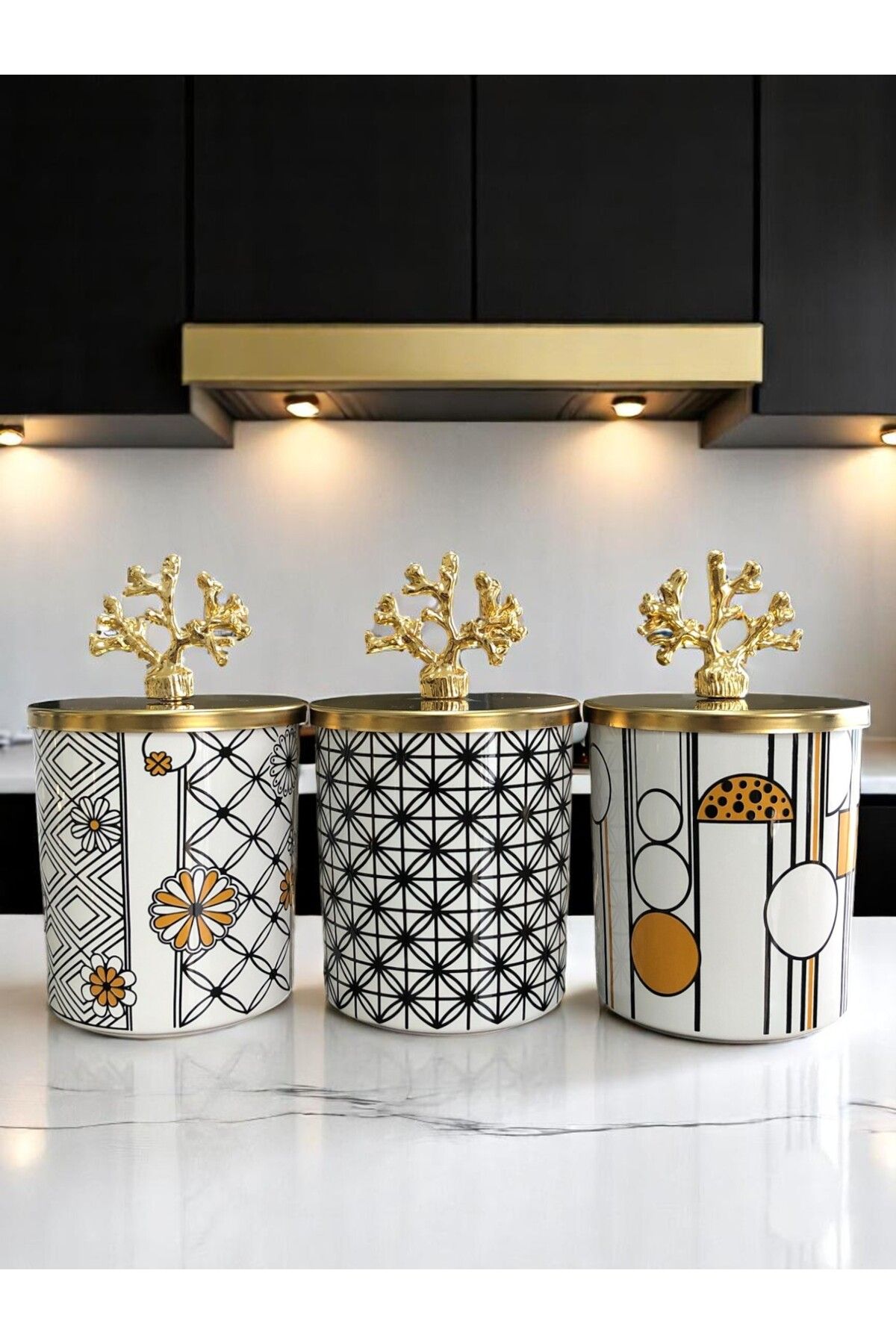 ferayhome Baharatlık 3 lü Mutfak Aksesuarı Kahve Köşesi Seti Silindir Karma Siyah 750 ml Hacimli Gold