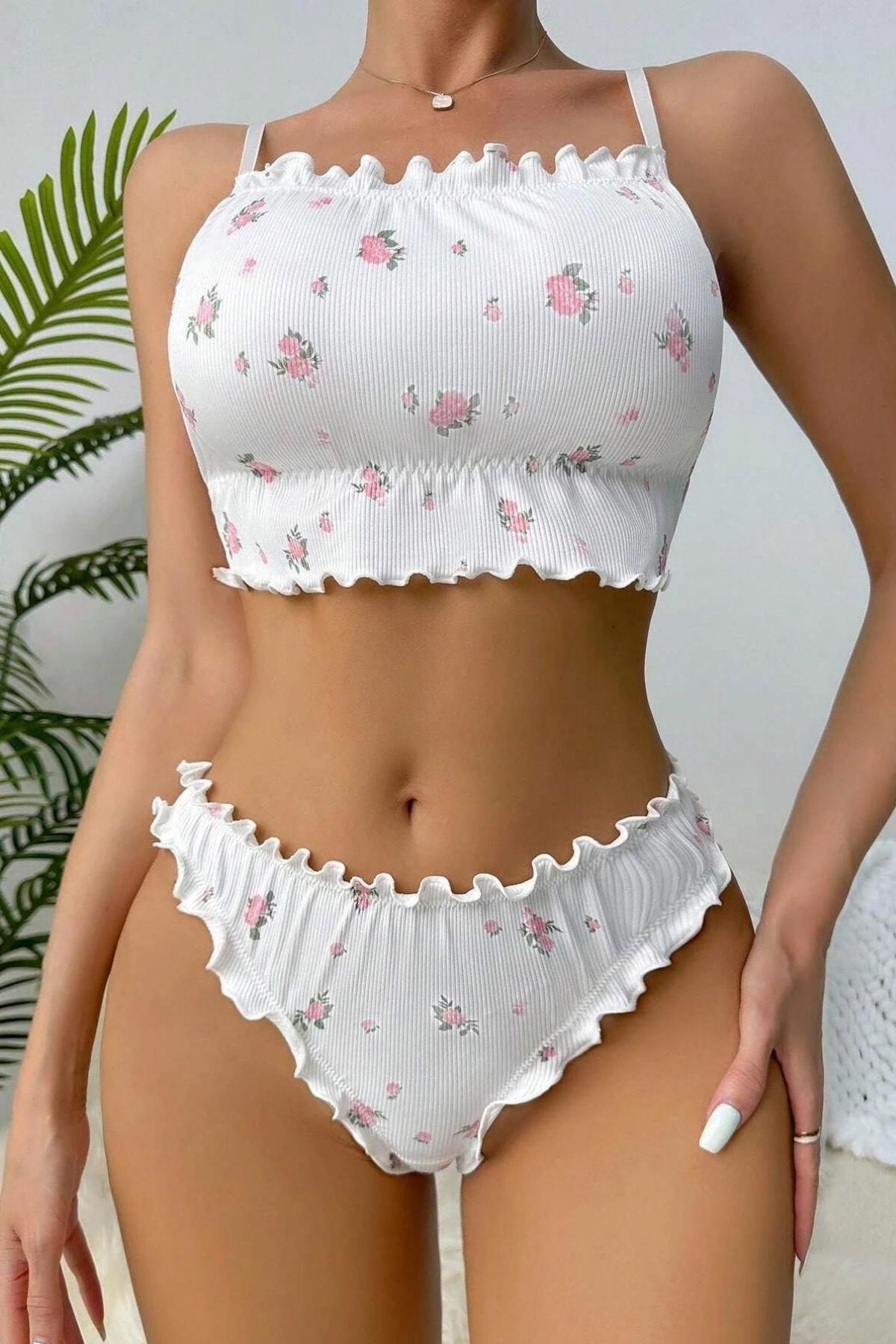 melonika Beyaz Çiçek Desenli Marum Trim Alt Üst Takım 16088