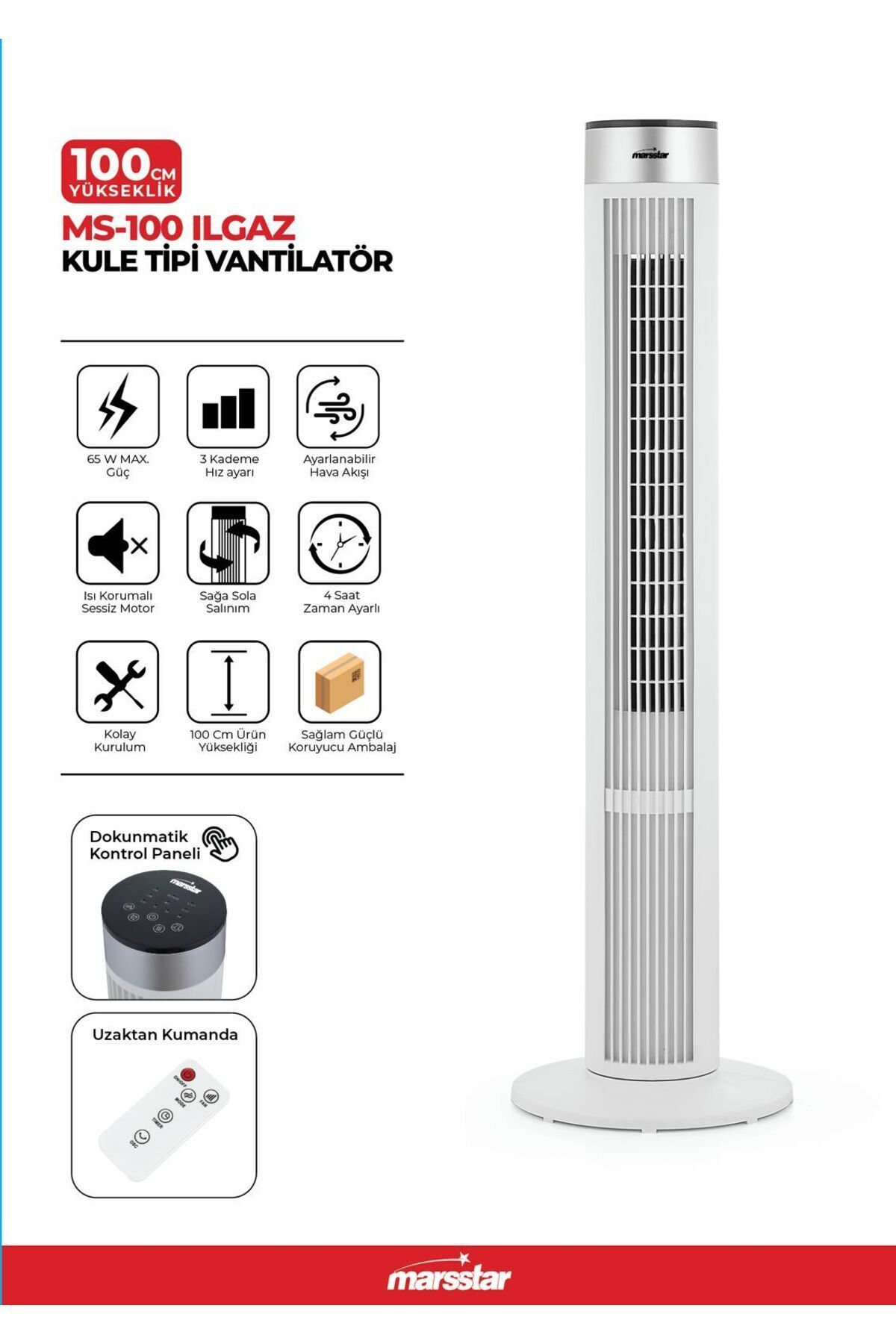 Marsstar MS-100 Ilgaz 100 cm Kule Tipi Vantilatör | Sessiz, Uzaktan Kumandalı, Zaman Ayarlı, 3 Kademeli