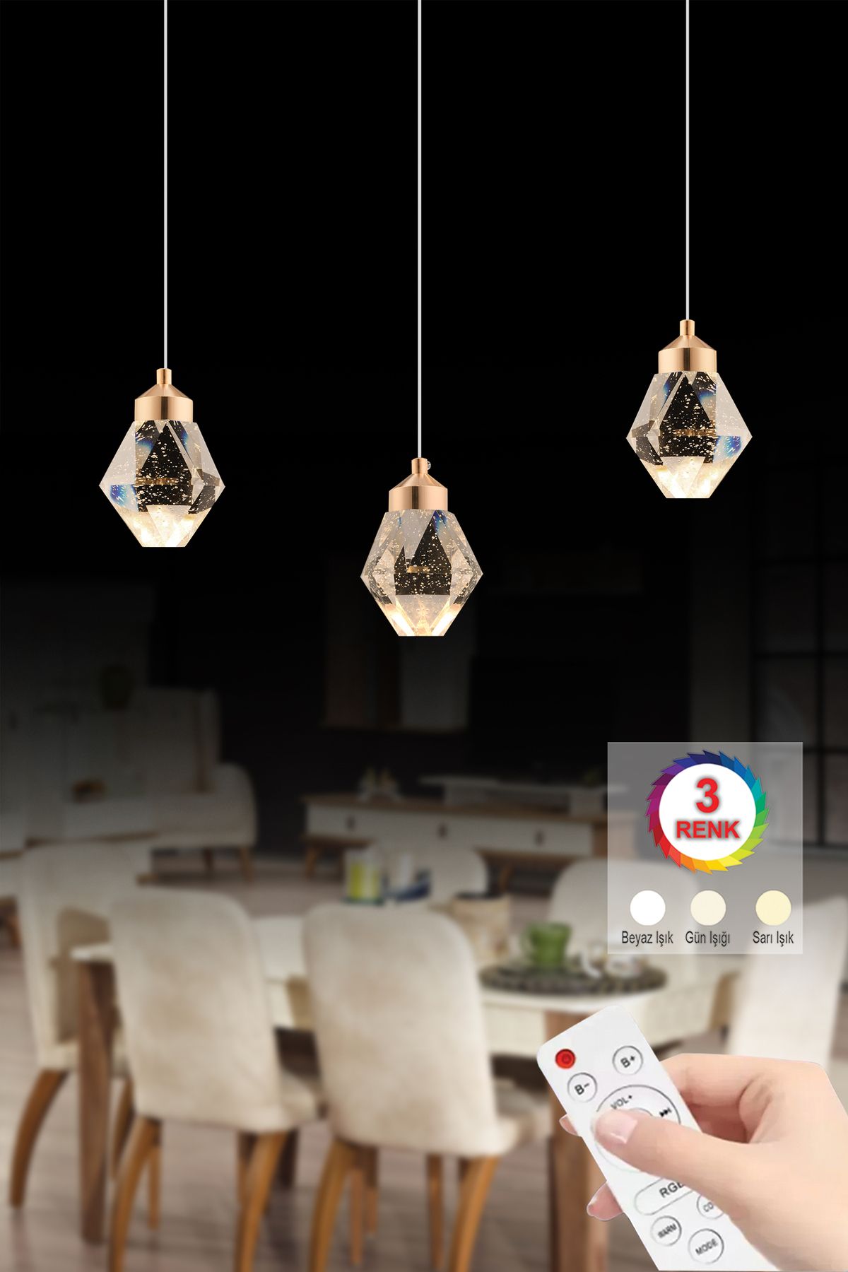 İstanbul Avize İstanbul Avize Kabarcıklı Liya Yemek Masası Kumandalı 3'lü Gold 3 Renk Ledli Modern Led Avize