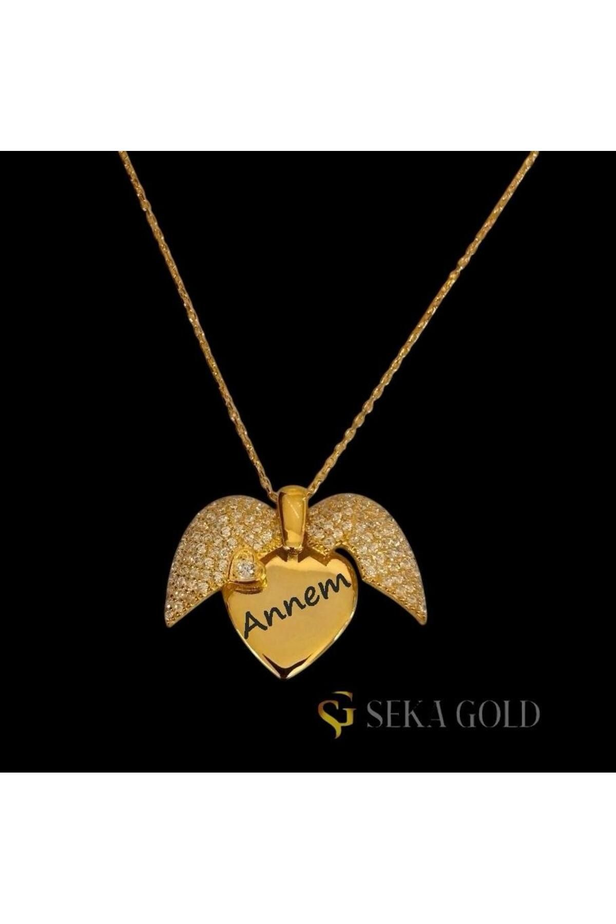 Seka gold Kanatlı Kalp Annem Kolye