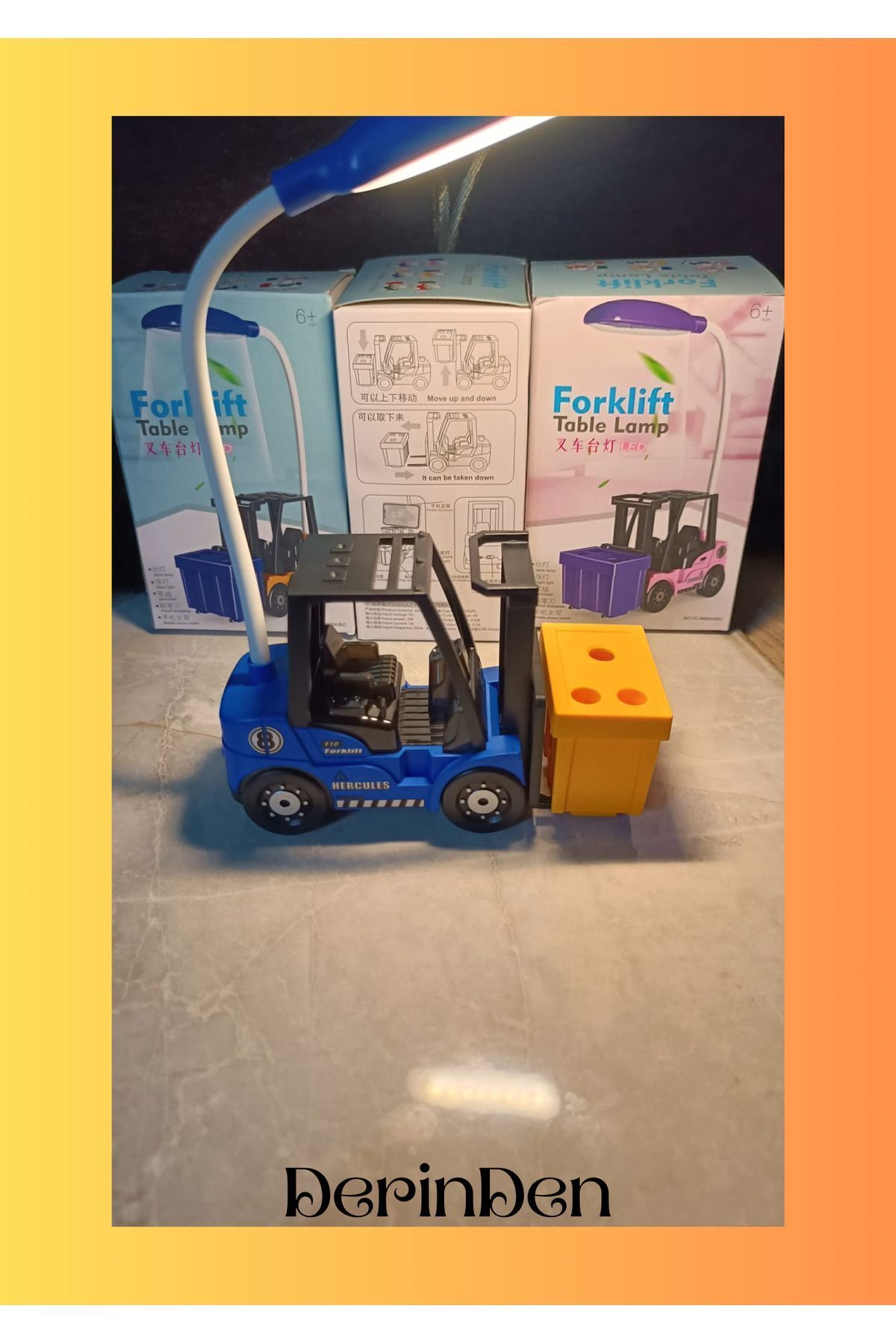 DERİND Masa Lambası Forklift Görünümlü - Şarjlı - Renkli Gece Modu - Kalemik ve Telefon Tutucu- portif