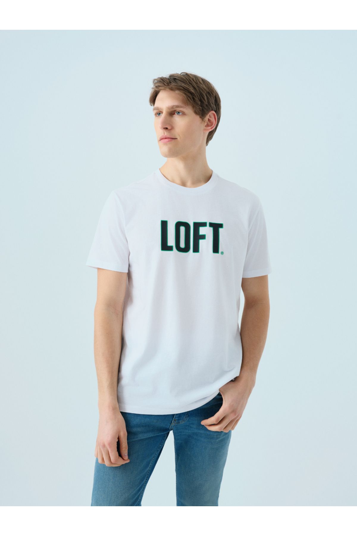 Loft 2040075 Beyaz Erkek Bisiklet Yaka Önü Yazılı Detaylı Regular Fit T-shirt