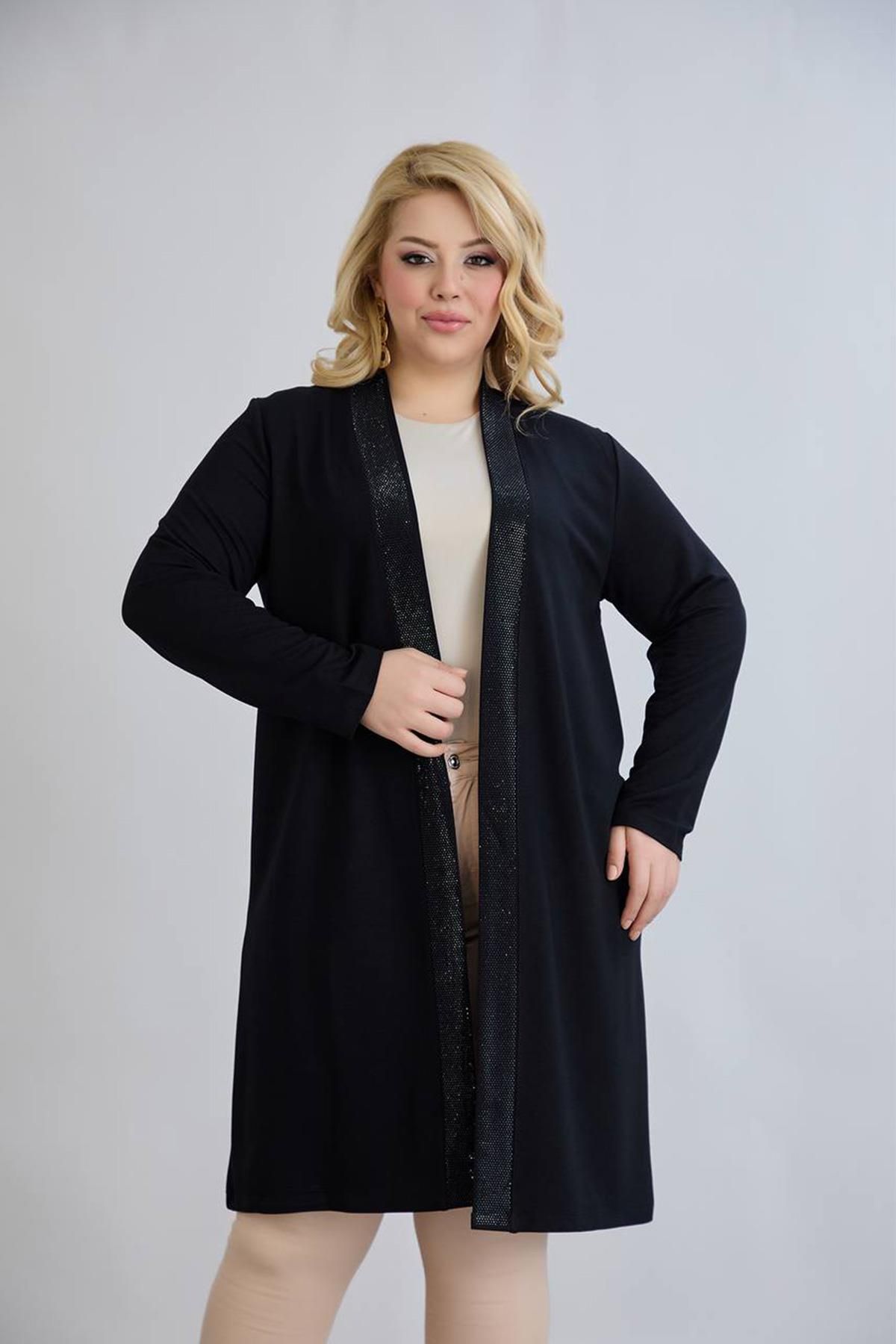 wearon tekstil Wearon Kadın Serra Büyük Beden Kristal 2 ip Pervazı Taşlı Siyah Hırka