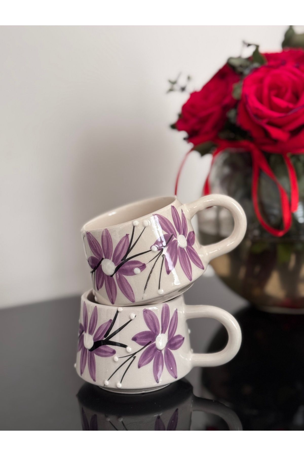 ema Seramik 2’Li Kahve Fincanı Kupa Mug Bardak çiçek Desenli 200 ml
