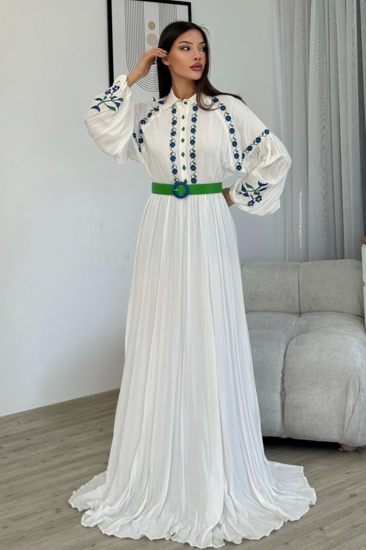 PHELDA-Rochie Hijab din bumbac cu broderie și detaliu curea 747-Alb/Verde 1