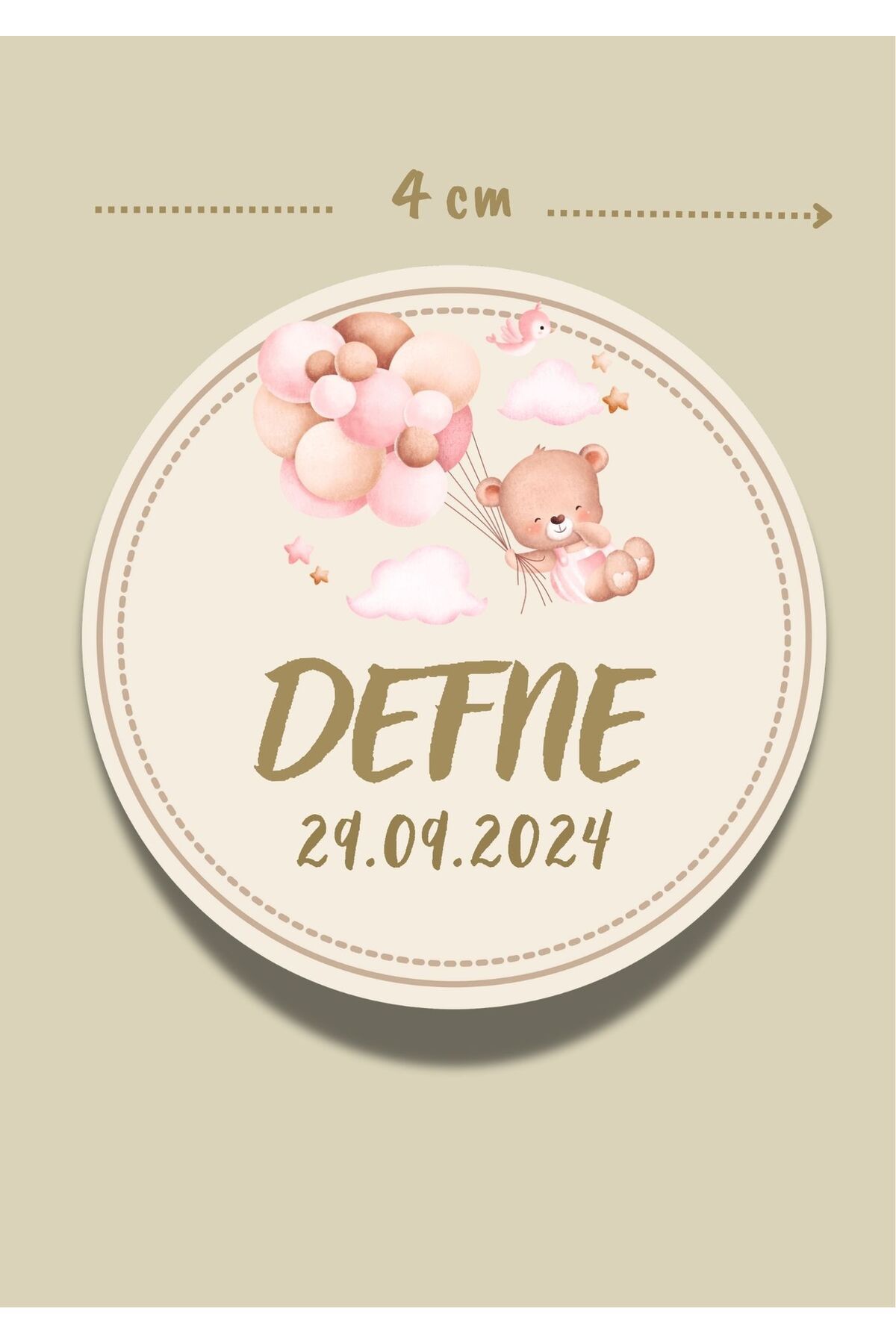 alışveriş kurdu İsimli Bebek Etiketi Sticker- Mevlüt Doğum Günü Etiketi 4x4 cm 100 Adet - Kız Bej