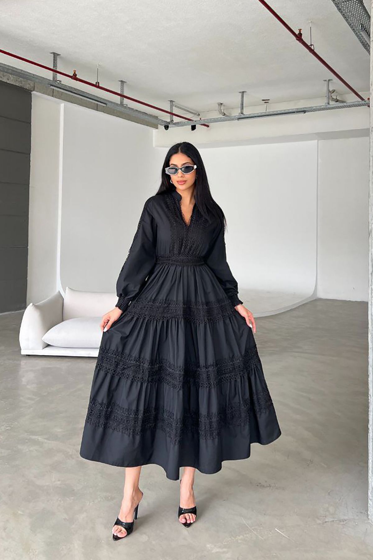 XXL BUTİK XXL Butik kadın siyah poplin kumaş maxi boy elbise X-NBMS4255