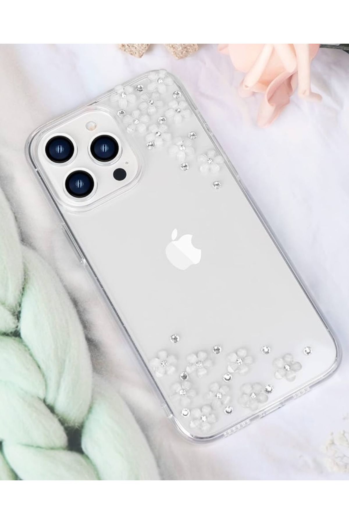 KILIF HOUSE Iphone 15 Uyumlu Şeffaf Taşlı Beyaz Çiçekli Kılıf