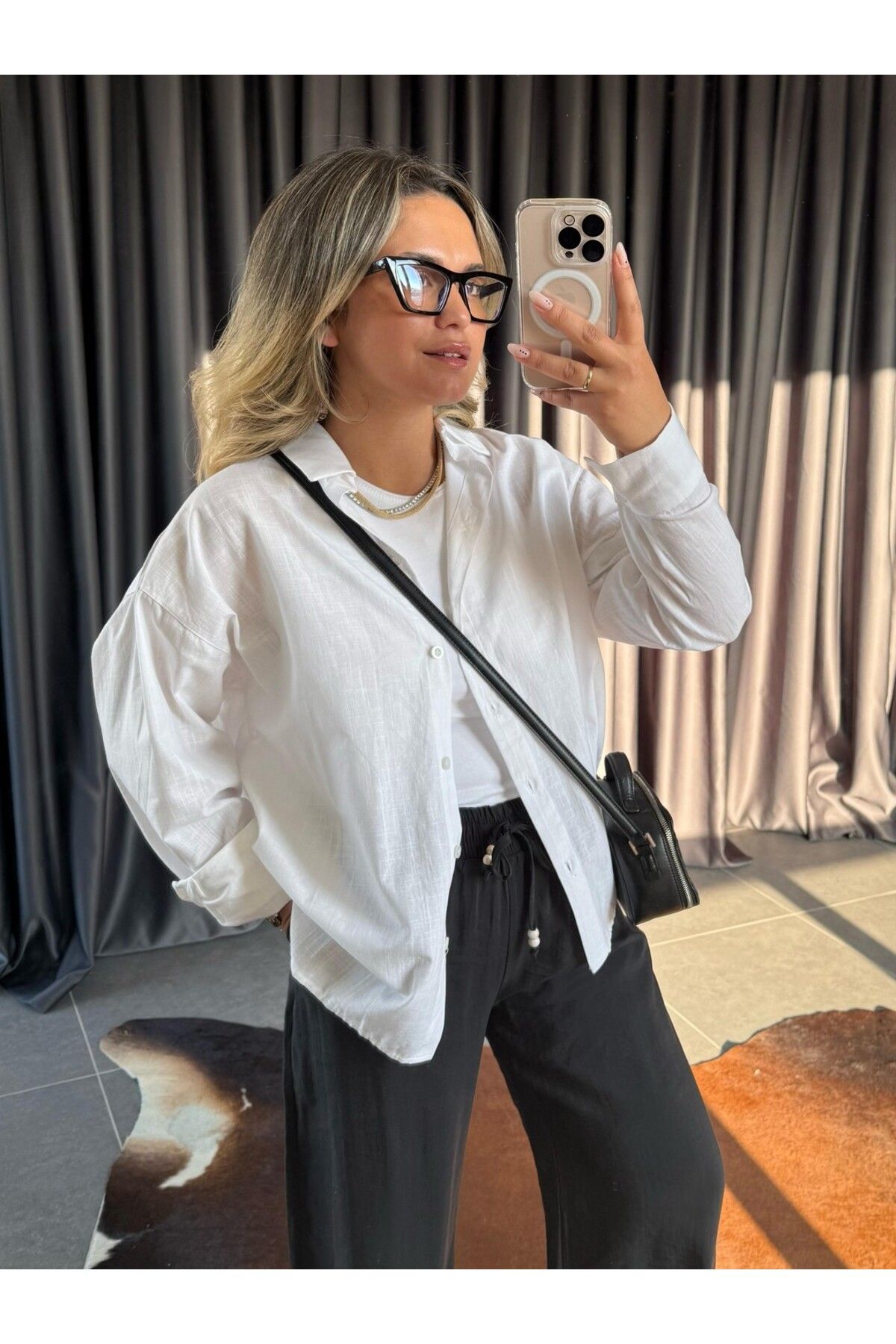 BÜŞRA PERKER Flam Keten Oversize Gömlek Beyaz