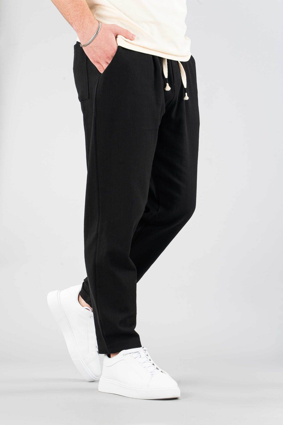 bombe Erkek Rahat Keten Boyfirend Pantolon Beli Lastikli İpli Jogger Pantolon