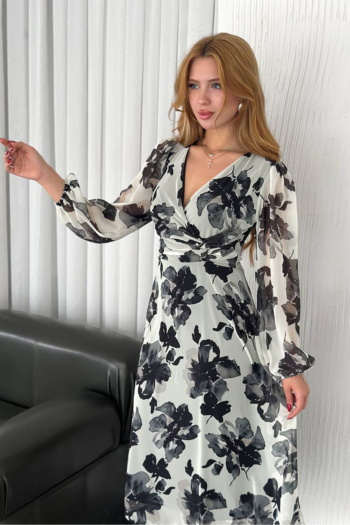 XXL BUTİK XXL Butik kadın çiçek desenli midi boy astarlı şifon elbise X-NBK30441